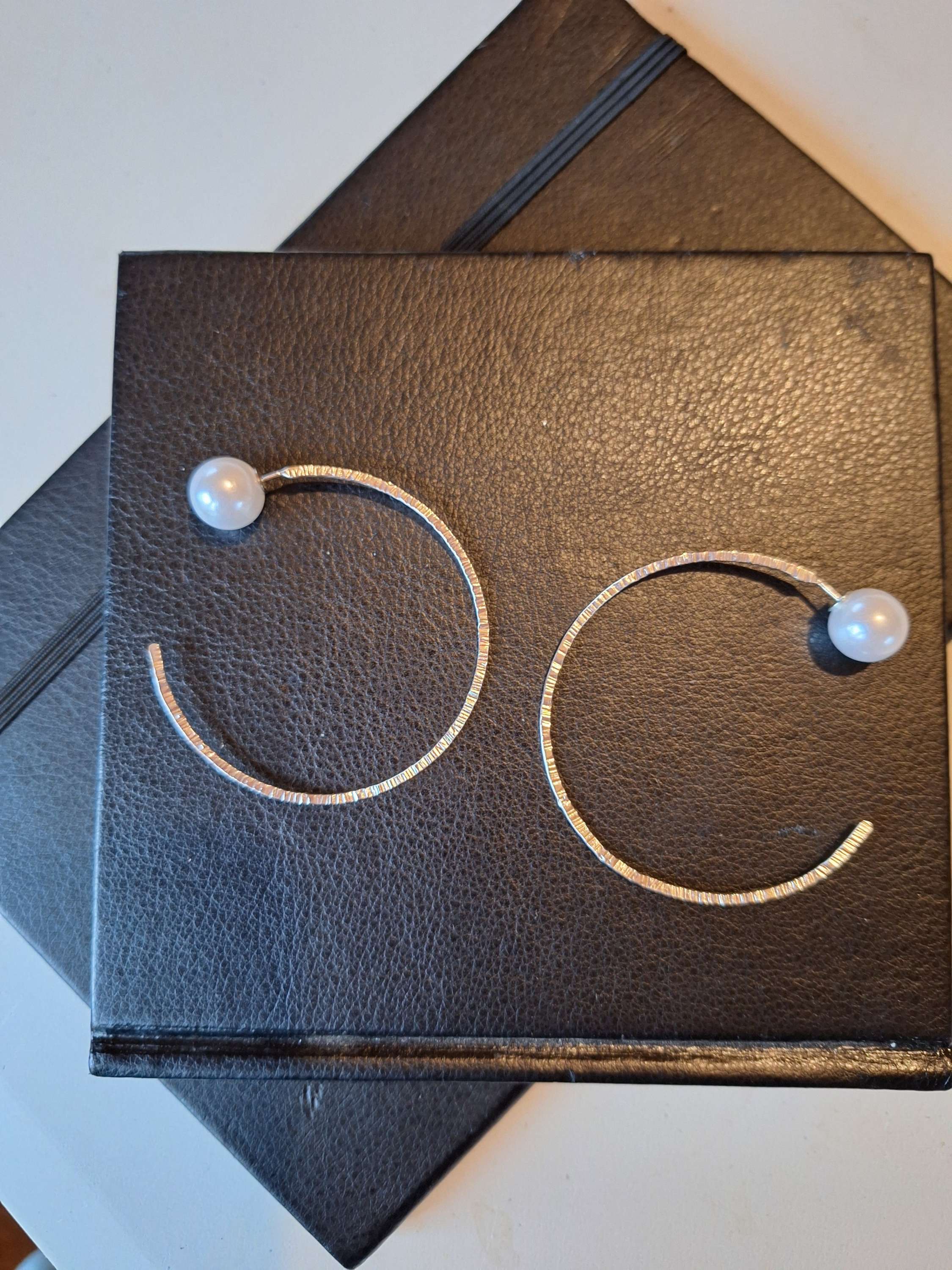 Sterling silver large hoops with faux pearls bakcing