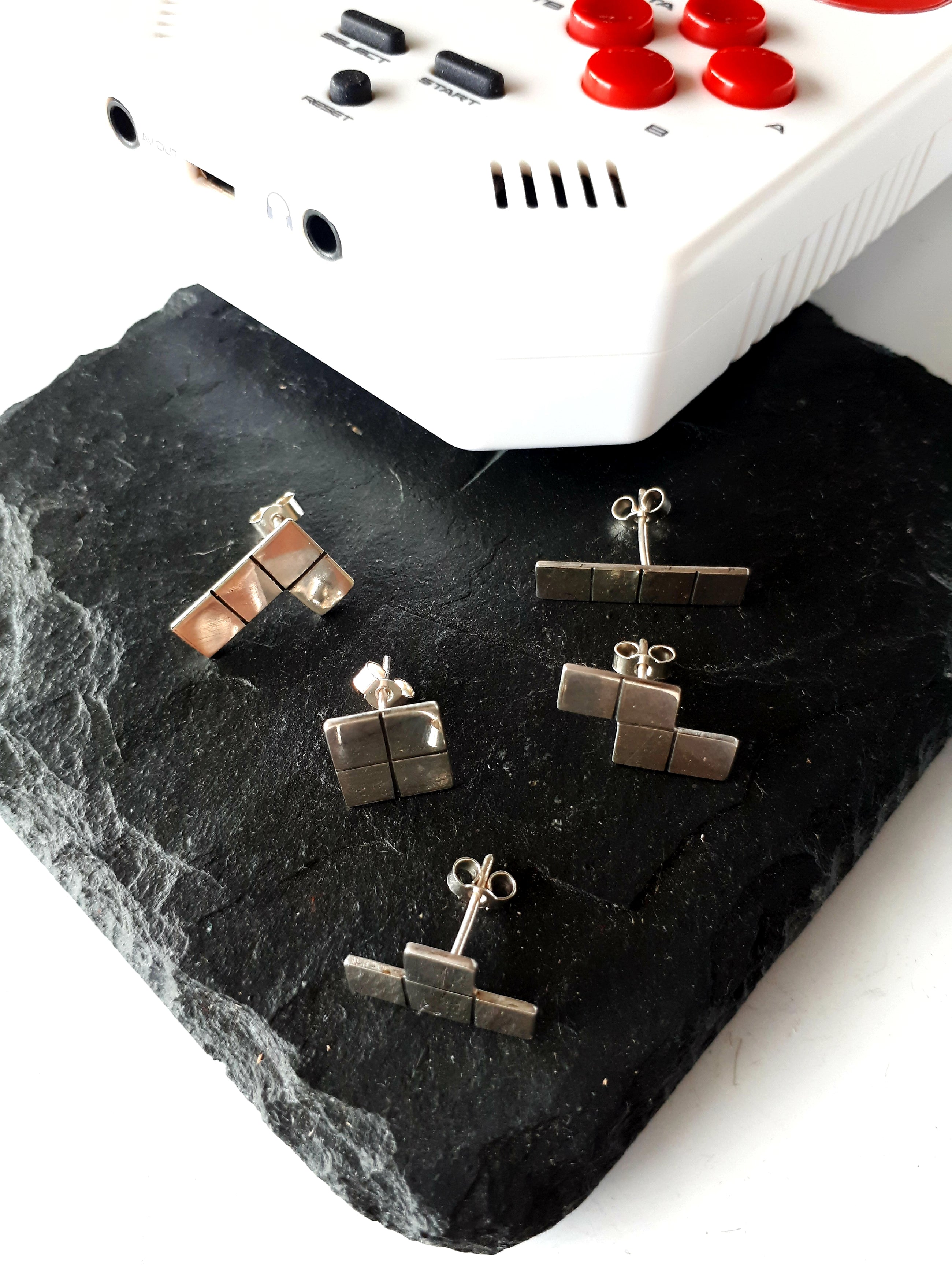 Sterling silver Tetris ear studs
