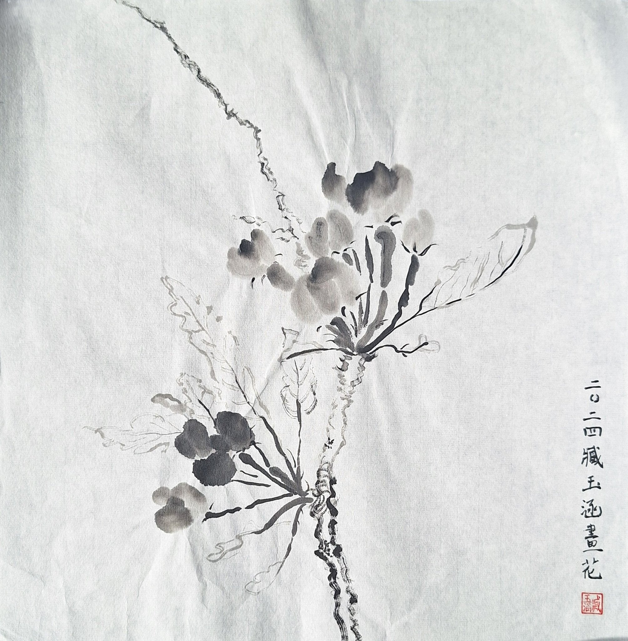 Chinese Ink Painting 'Apple Blossom 1' - Origional Art Work - Saw Framed