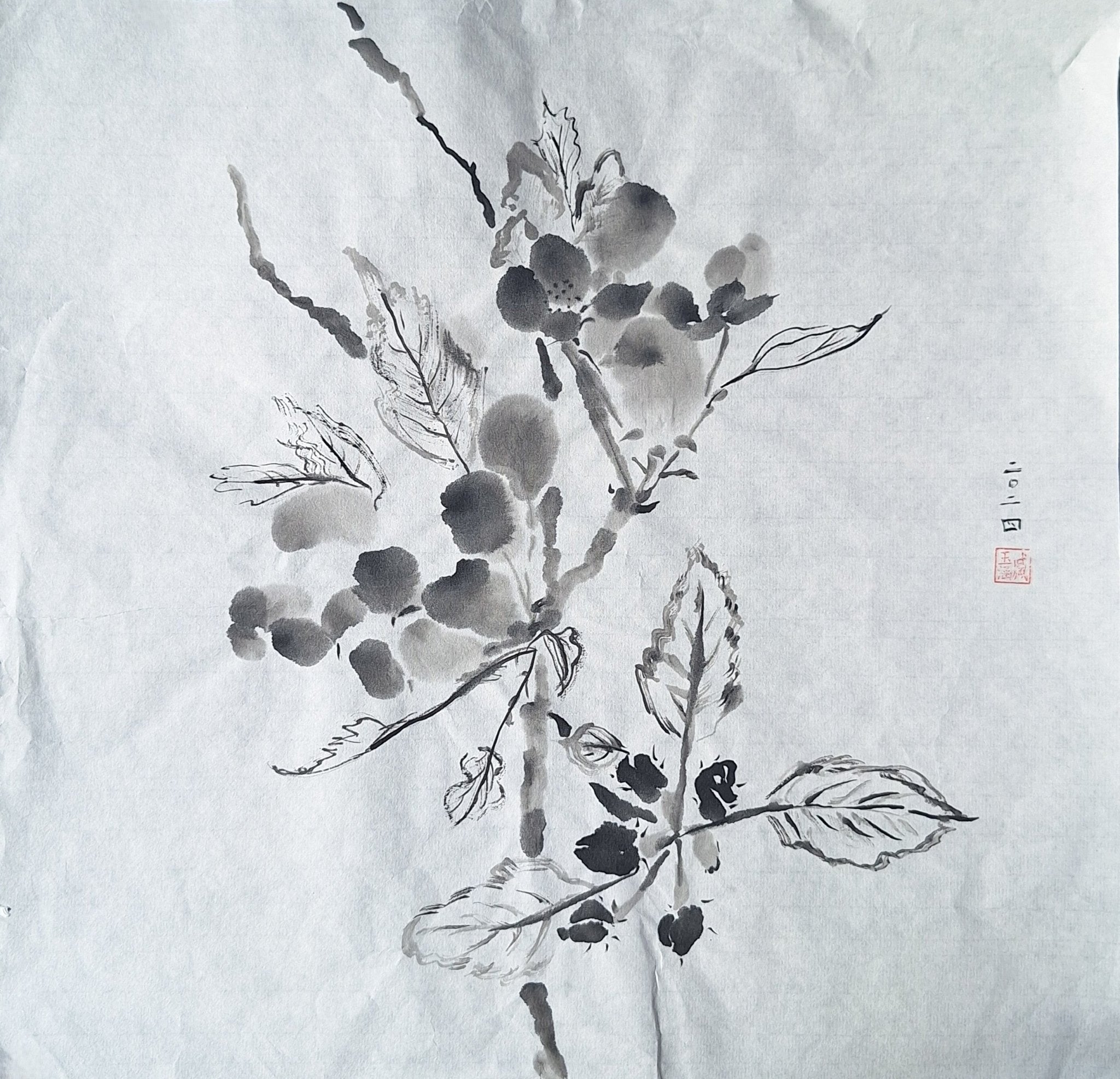 Chinese Ink Painting 'Apple Blossom 2' - Origional Art Work - Saw Framed