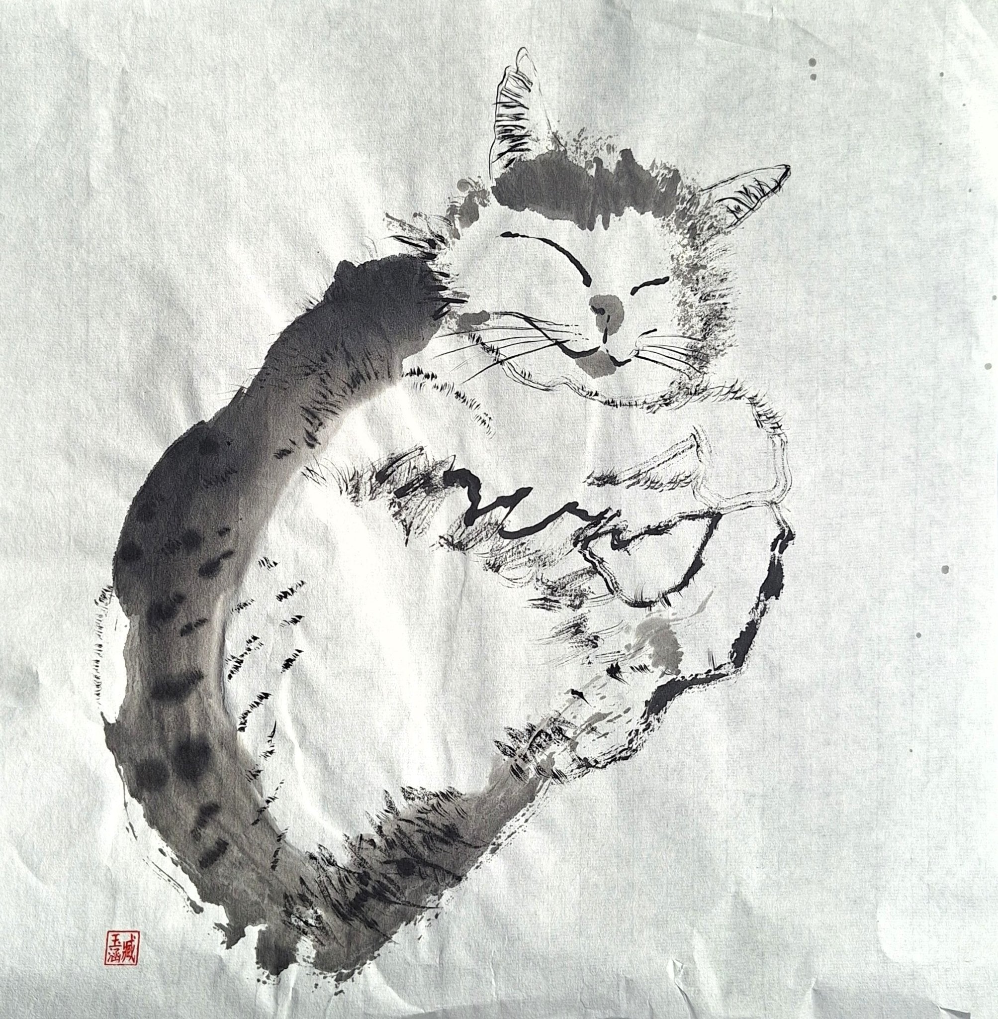 Chinese Ink Painting 'Cat 2' - Origional Art Work - Saw Framed