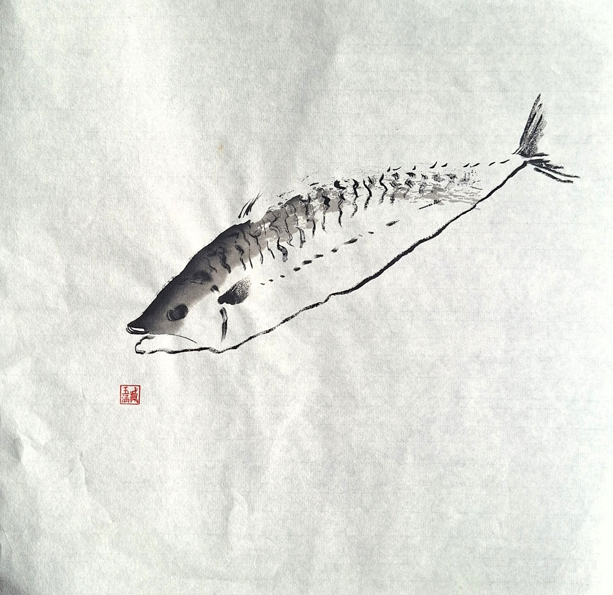 Chinese Ink Painting 'Mackerel 1' - Origional Art Work - Saw Framed