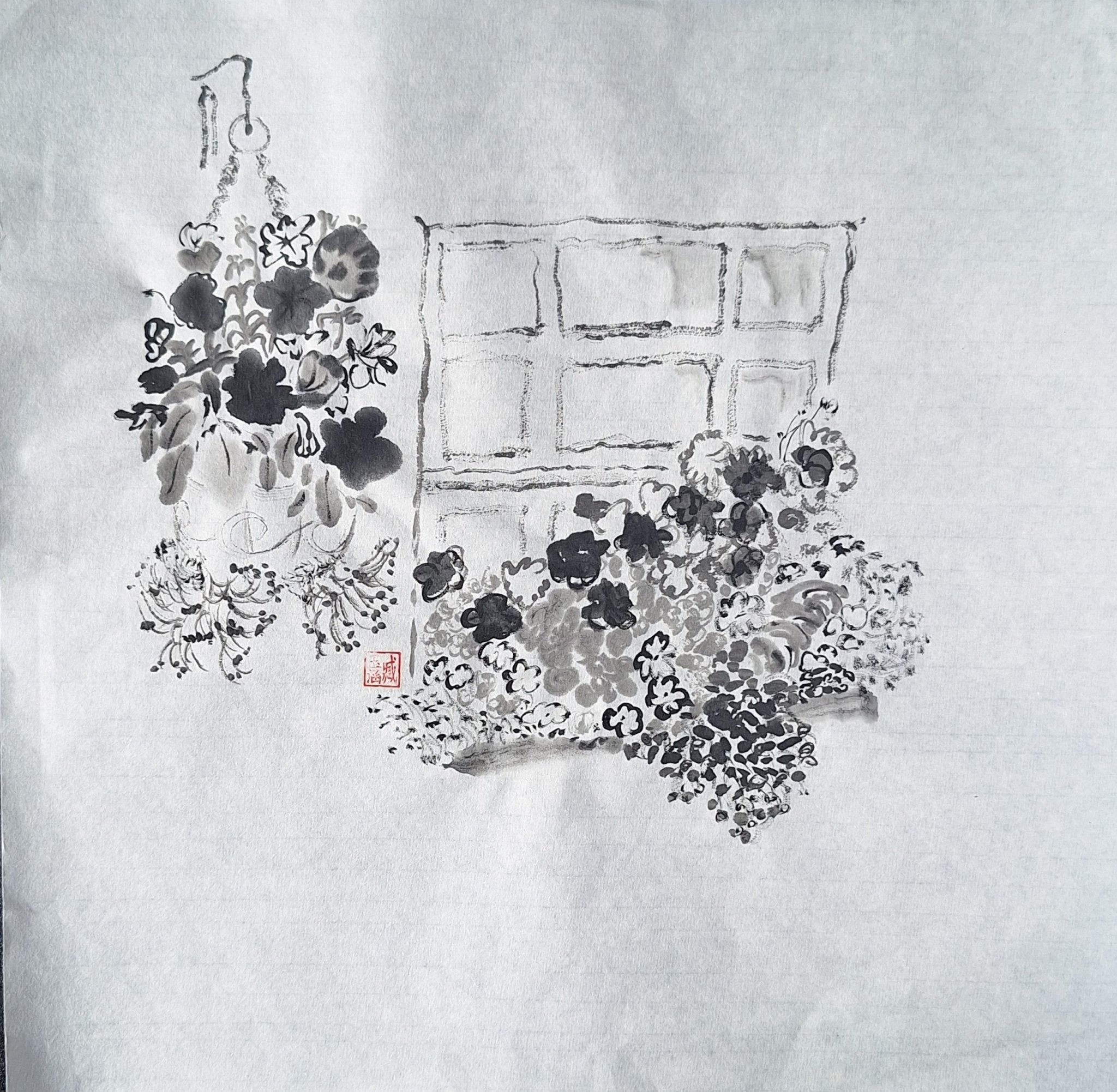 Chinese Ink Painting 'Windowbox' - Origional Art Work - Saw Framed