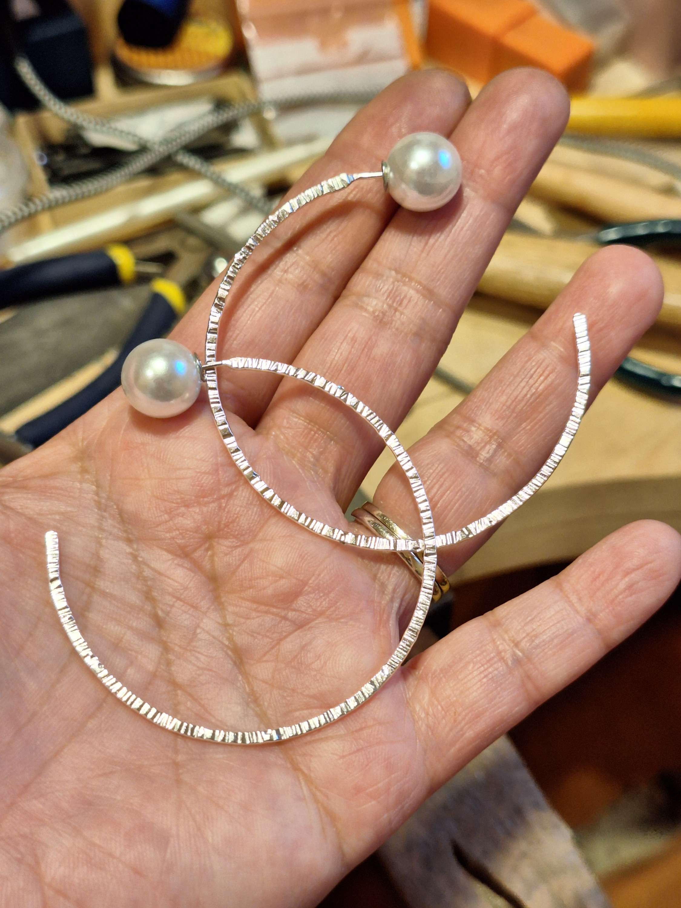 Sterling silver large hoops with faux pearls bakcing