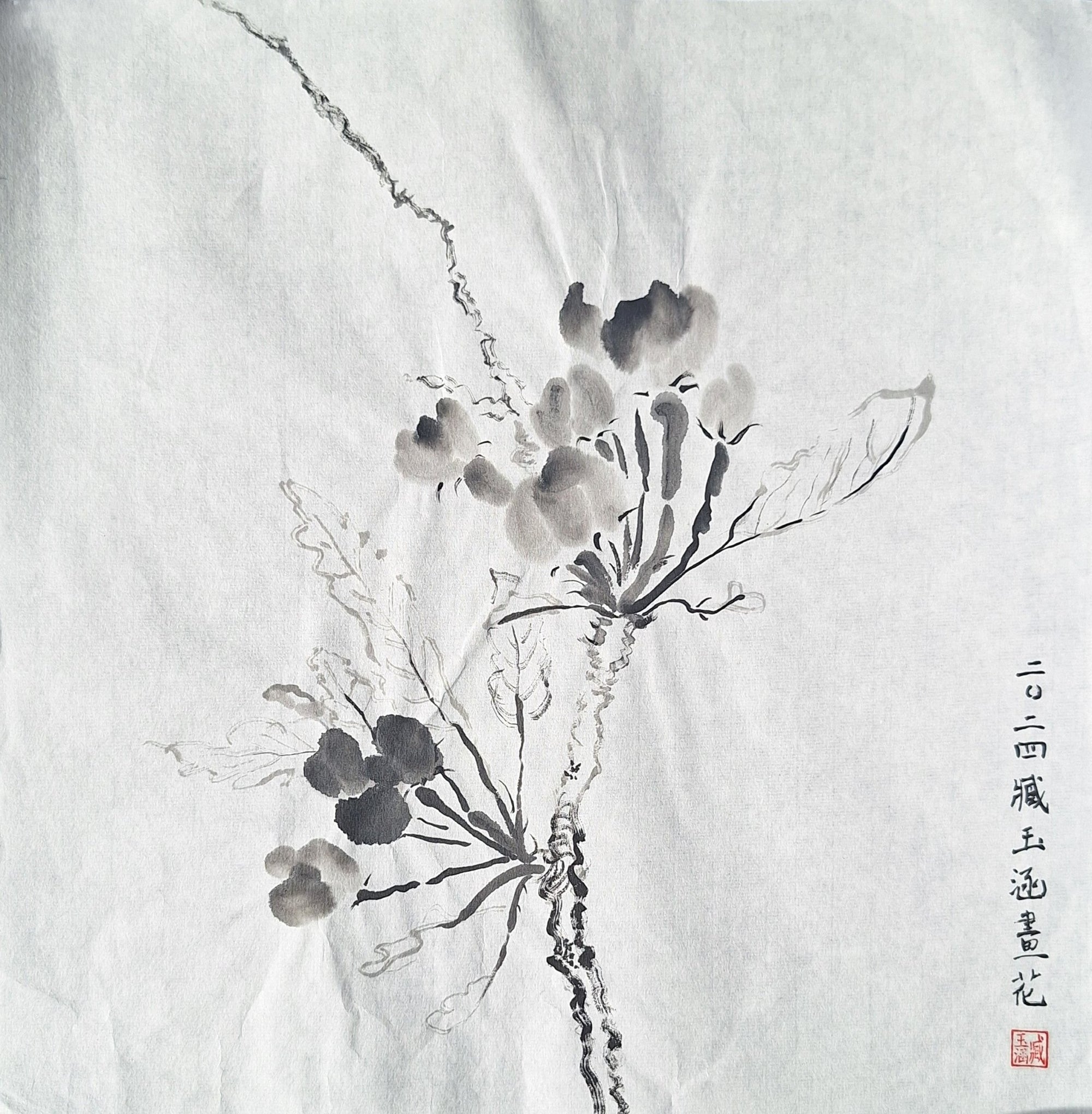 Chinese Ink Painting 'Apple Blossom 1' - Origional Art Work - Saw Framed