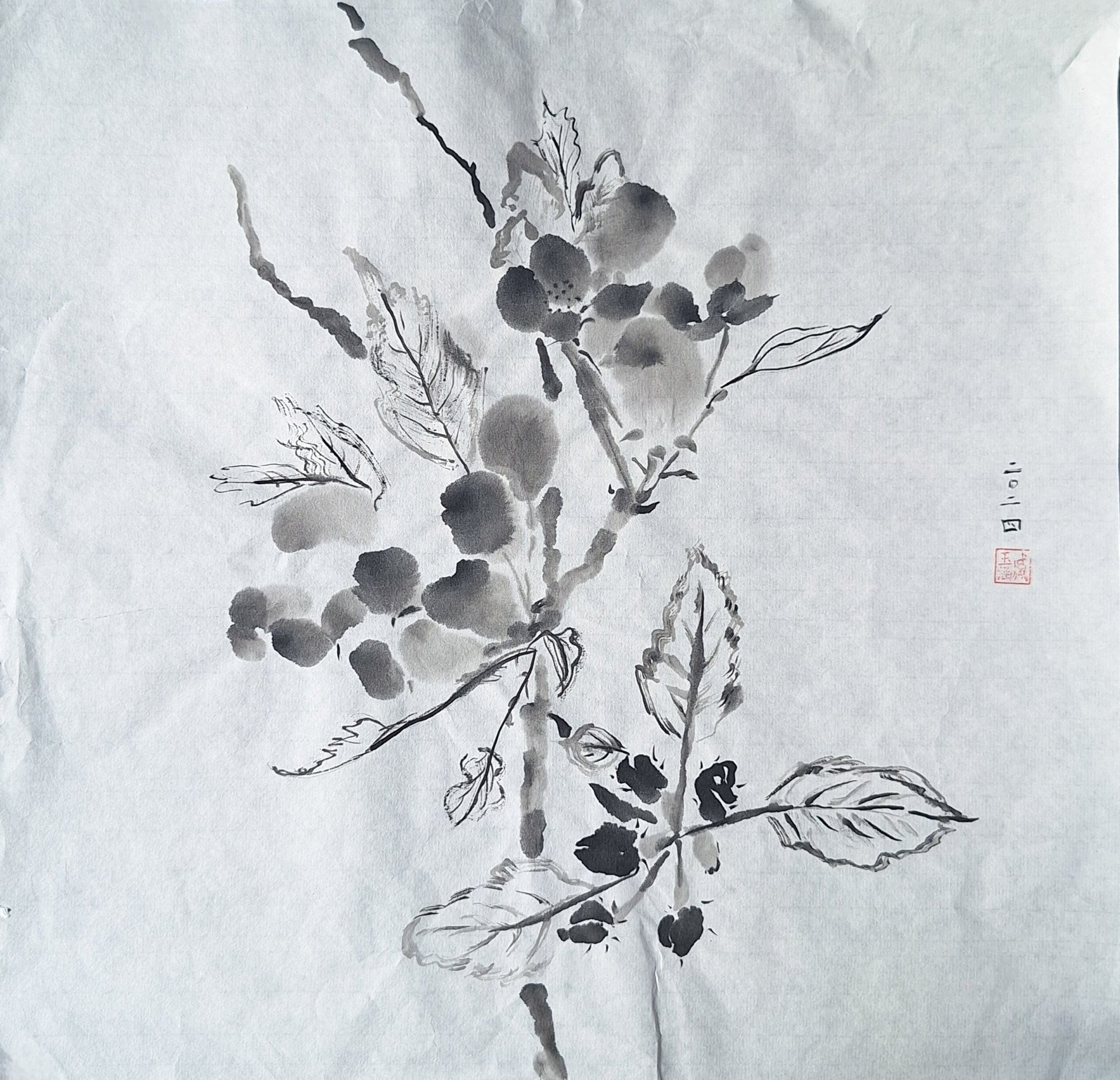 Chinese Ink Painting 'Apple Blossom 2' - Origional Art Work - Saw Framed