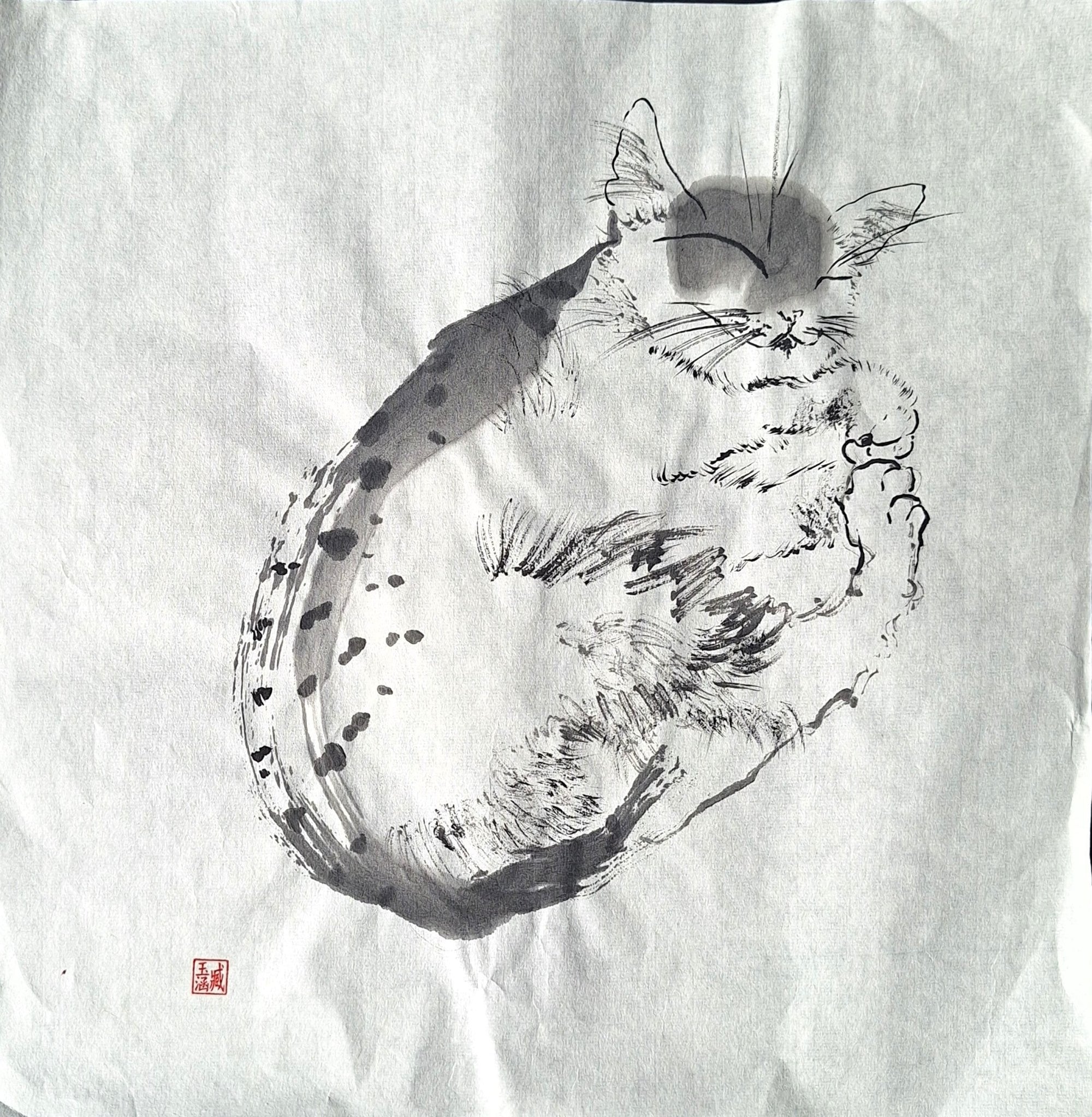 Chinese Ink Painting 'Cat 1' - Origional Art Work - Saw Framed