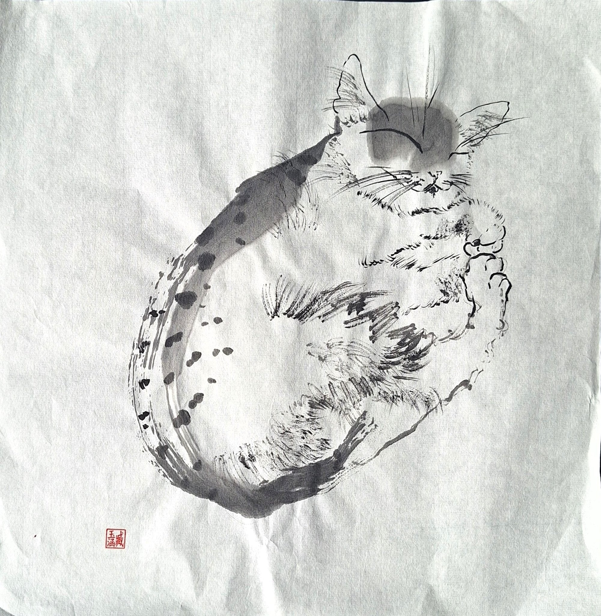 Chinese Ink Painting 'Cat 1' - Origional Art Work - Saw Framed