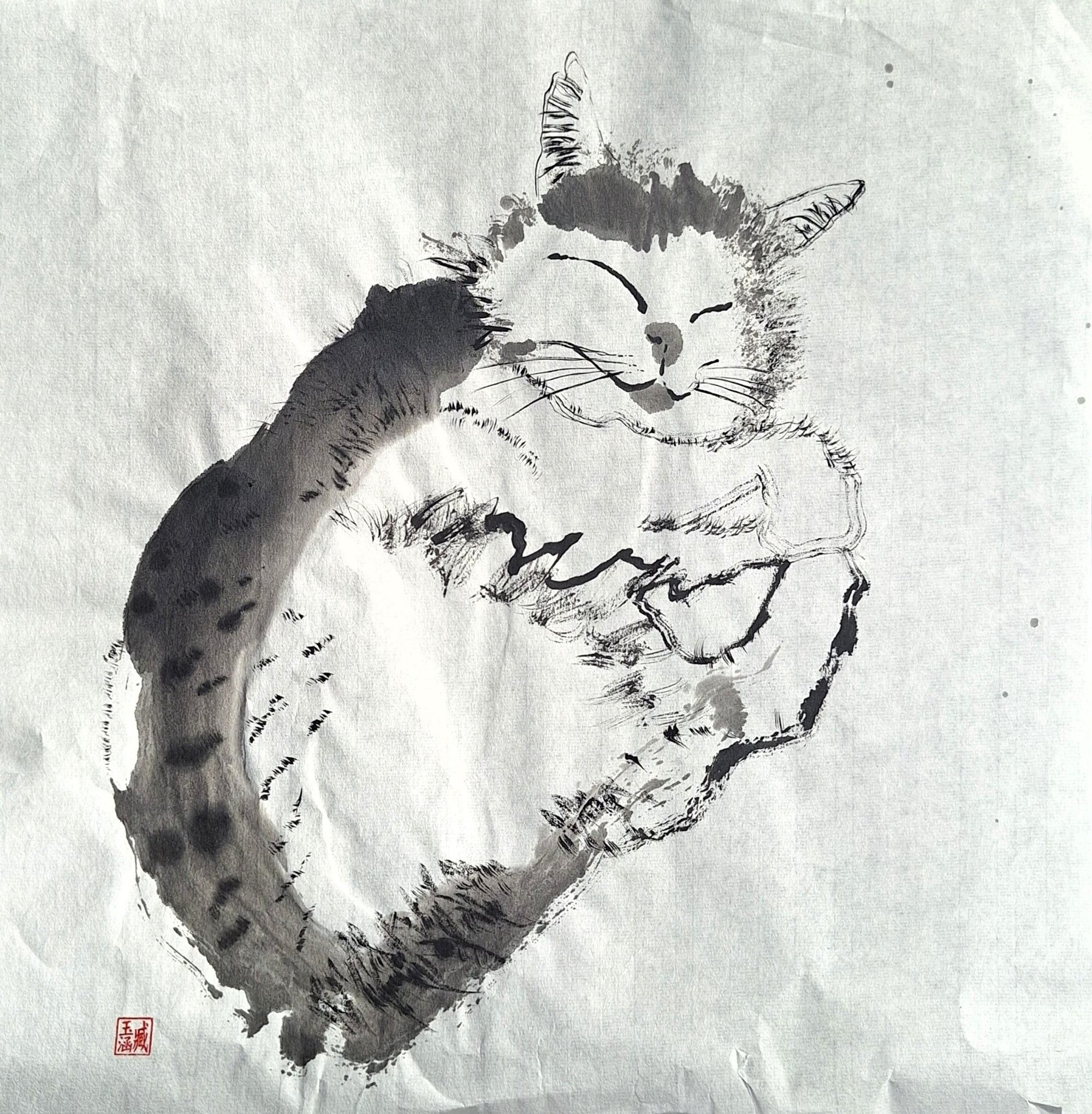 Chinese Ink Painting 'Cat 2' - Origional Art Work - Saw Framed