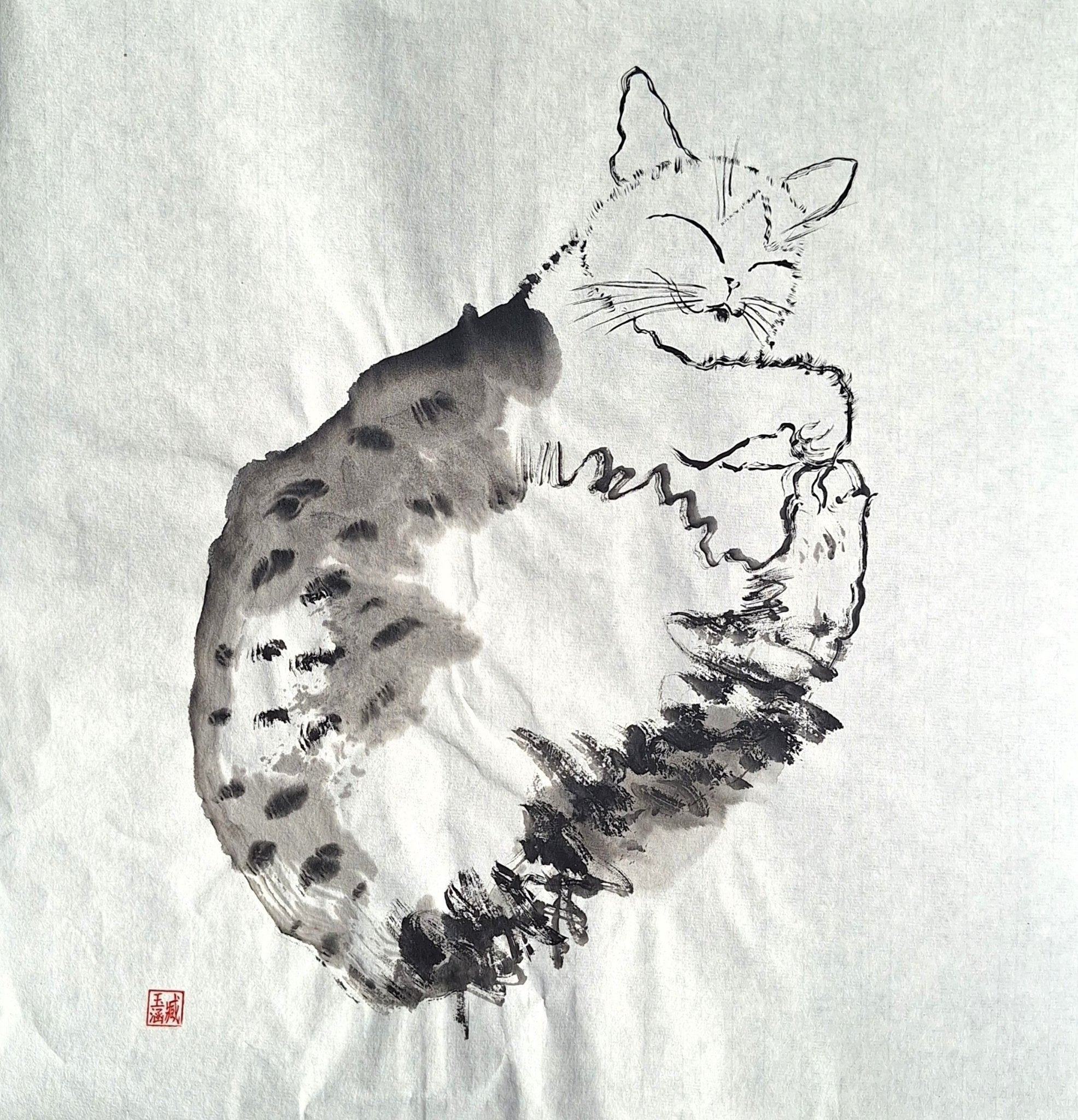 Chinese Ink Painting 'Cat 3' - Origional Art Work - Saw Framed