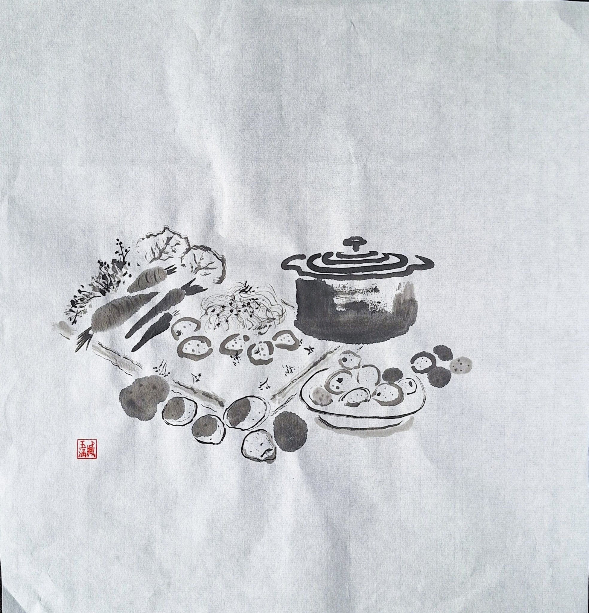 Chinese Ink Painting 'Cooking Potates' - Origional Art Work - Saw Framed