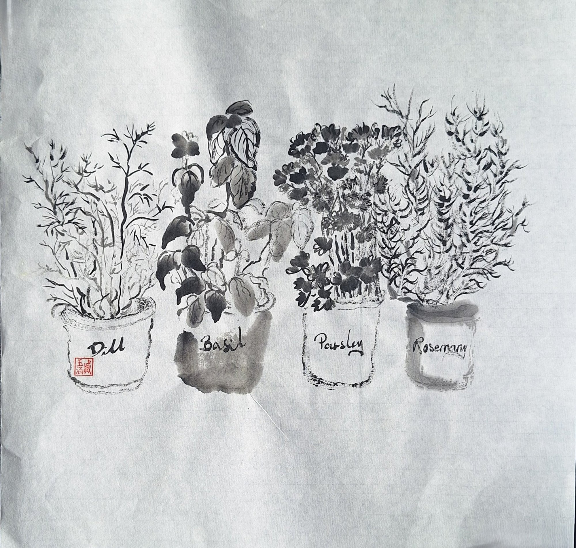 Chinese Ink Painting 'Herb Pots' - Origional Art Work - Saw Framed
