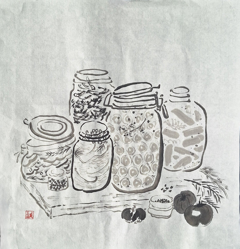 Chinese Ink Painting 'Kitchen Jars' - Origional Art Work - Saw Framed