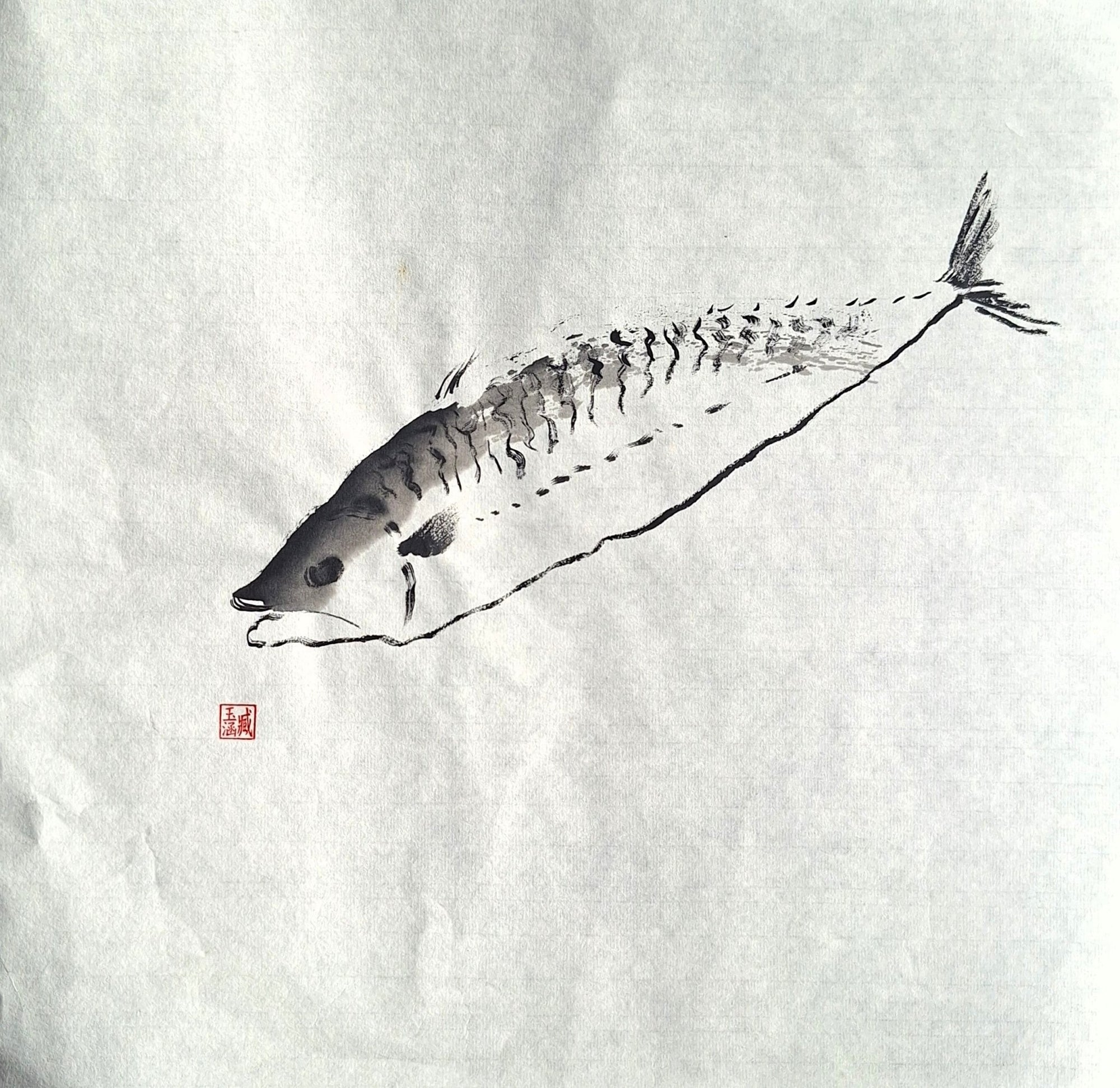 Chinese Ink Painting 'Mackerel 1' - Origional Art Work - Saw Framed