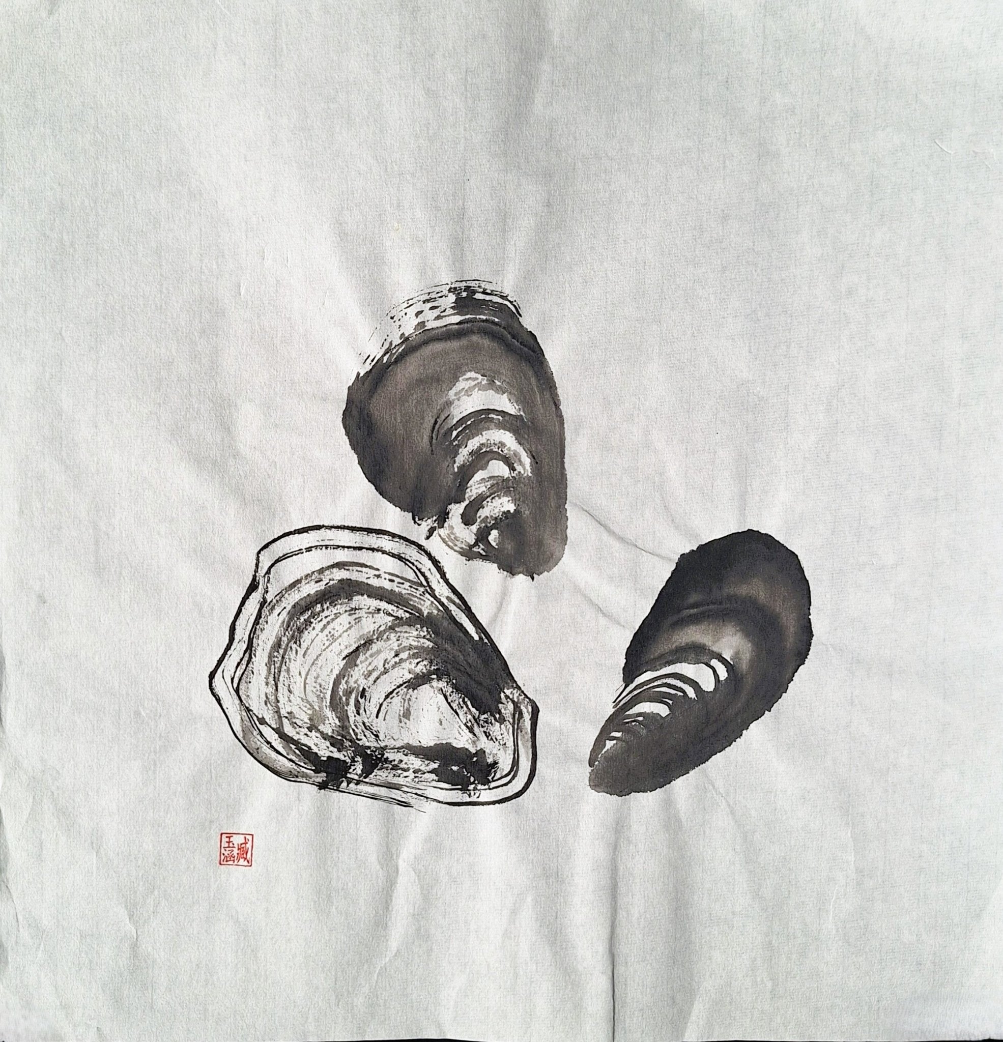 Chinese Ink Painting 'Mussels 4'- Origional Art Work - Saw Framed