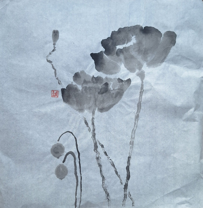 Chinese Ink Painting 'Poppies 1' - Origional Art Work - Saw Framed
