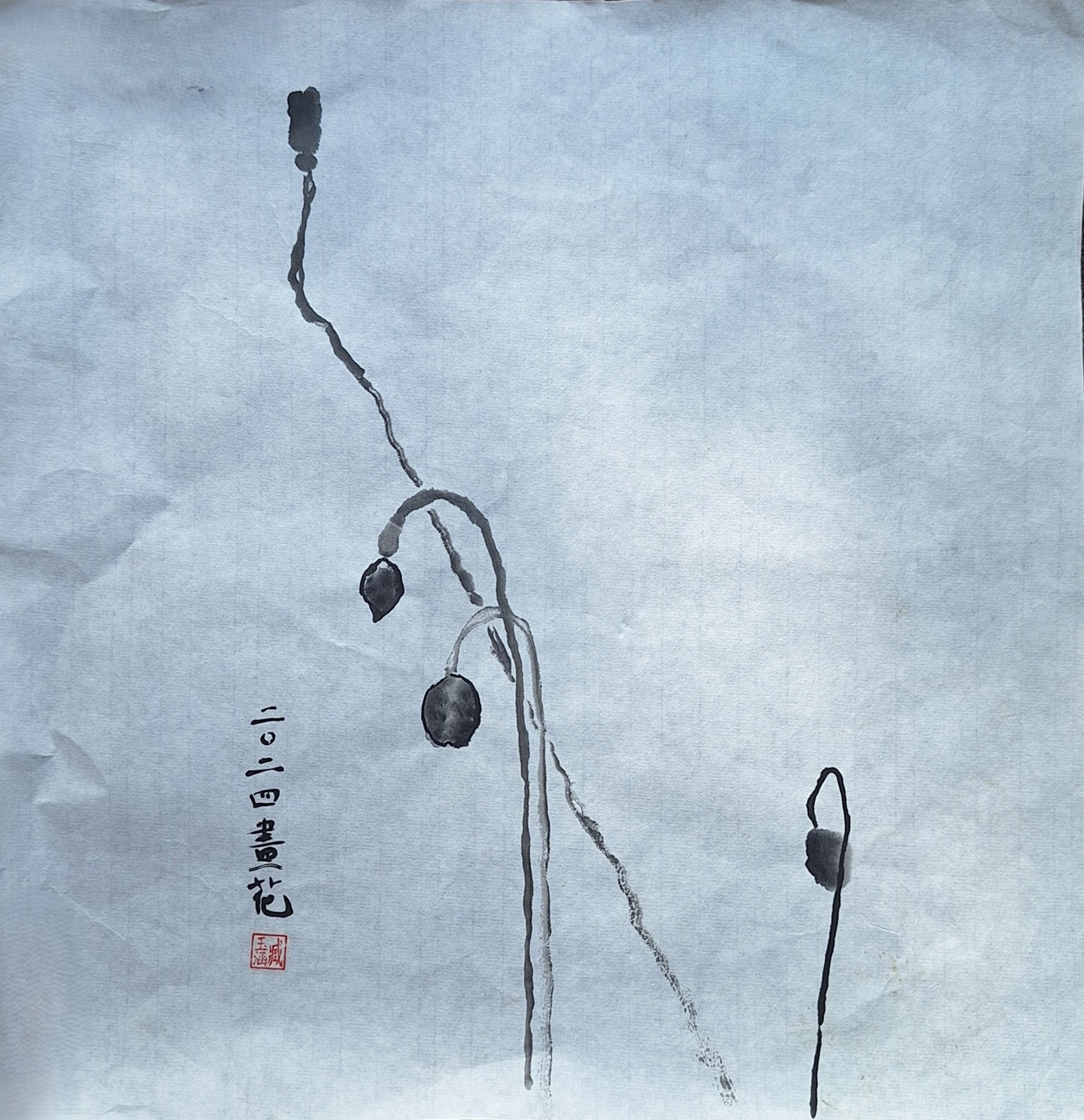 Chinese Ink Painting 'Poppies 2' - Origional Art Work - Saw Framed