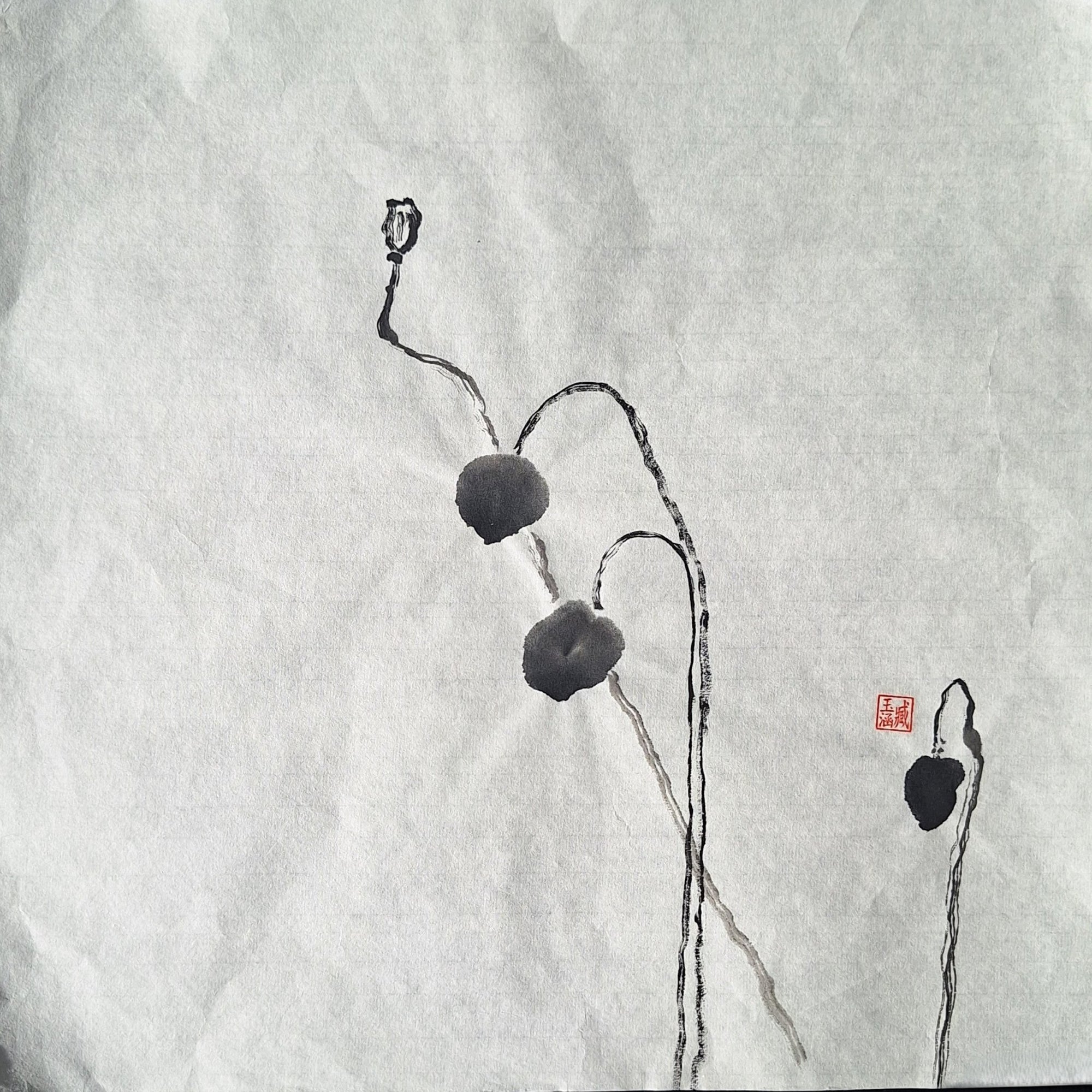 Chinese Ink Painting 'Poppies 4' - Origional Art Work - Saw Framed