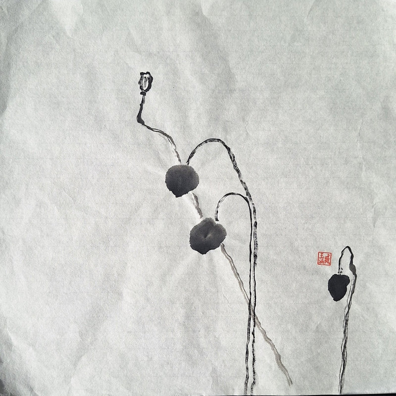 Chinese Ink Painting 'Poppies 4' - Origional Art Work - Saw Framed
