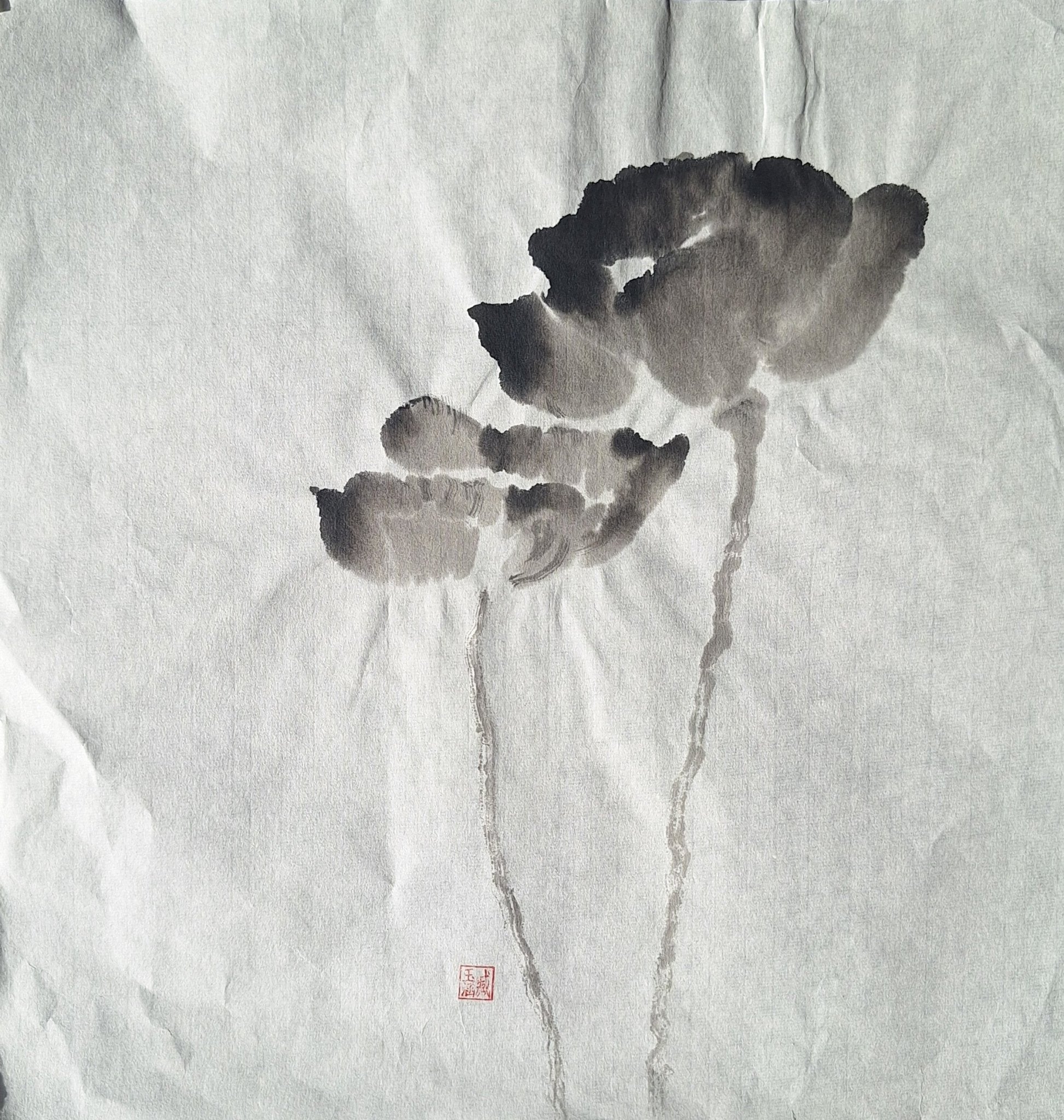 Chinese Ink Painting 'Poppies 5' - Origional Art Work - Saw Framed