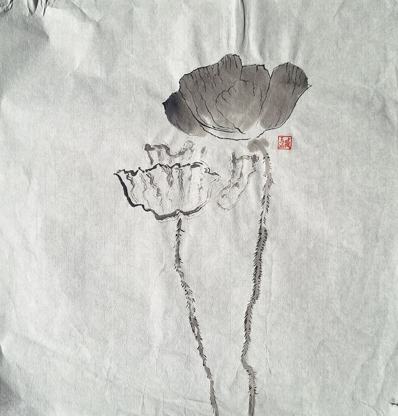 Chinese Ink Painting 'Poppies 6' - Origional Art Work - Saw Framed