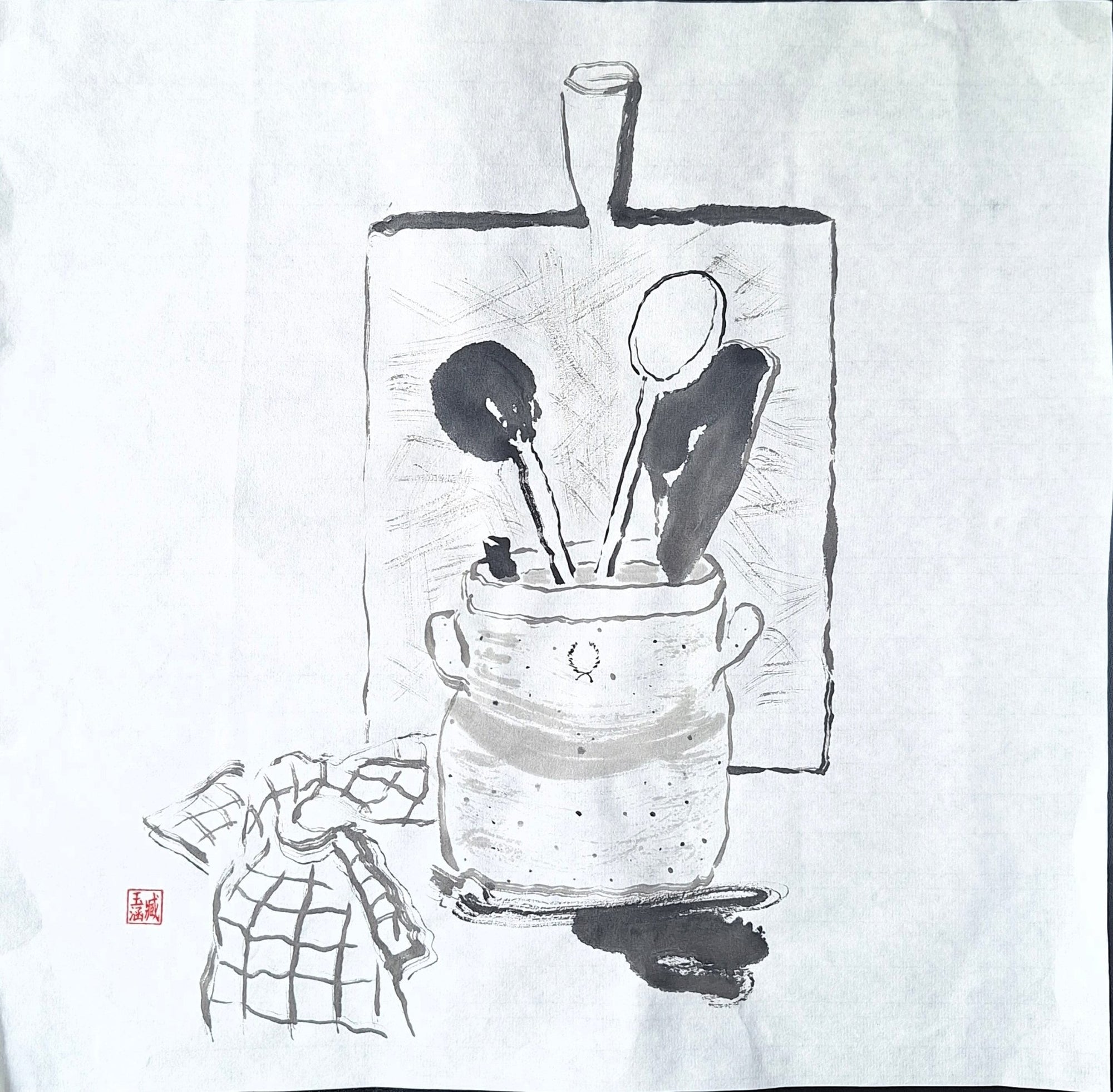 Chinese Ink Painting 'Spoon Jar' - Origional Art Work - Saw Framed