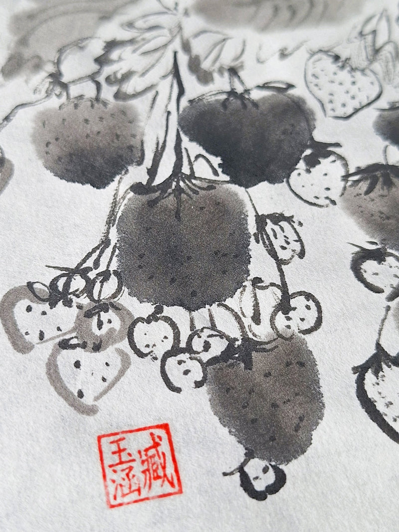 Chinese Ink Painting 'Strawberries Pots' - Origional Art Work - Saw Framed