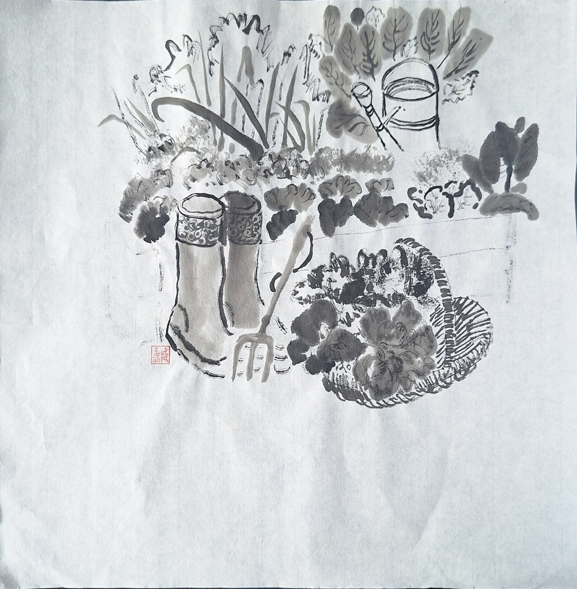 Chinese Ink Painting 'Veg Patch' - Origional Art Work - Saw Framed