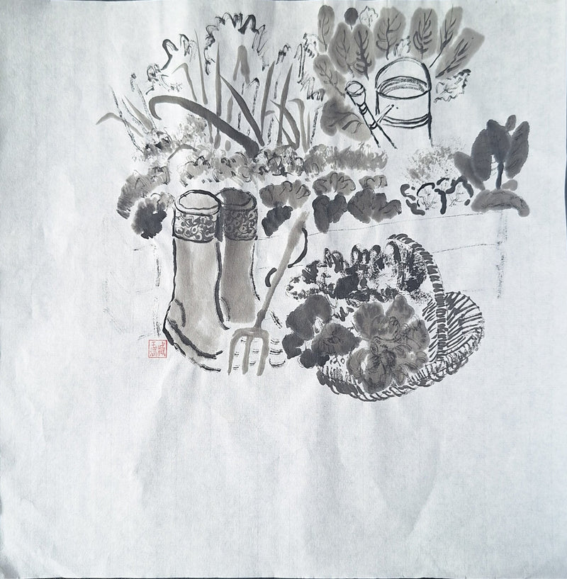 Chinese Ink Painting 'Veg Patch' - Origional Art Work - Saw Framed