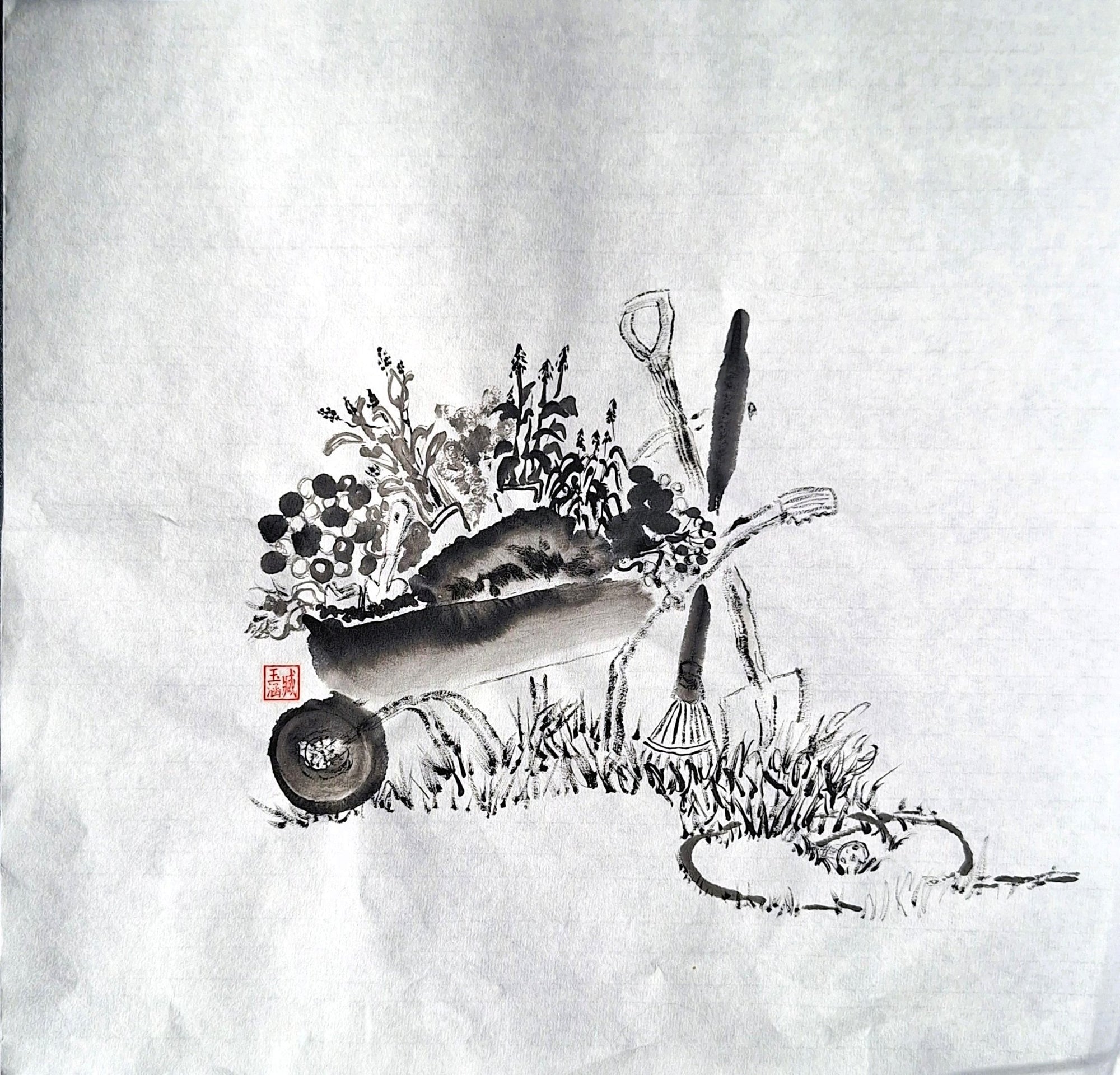Chinese Ink Painting 'Wheelbarrel' - Origional Art Work - Saw Framed