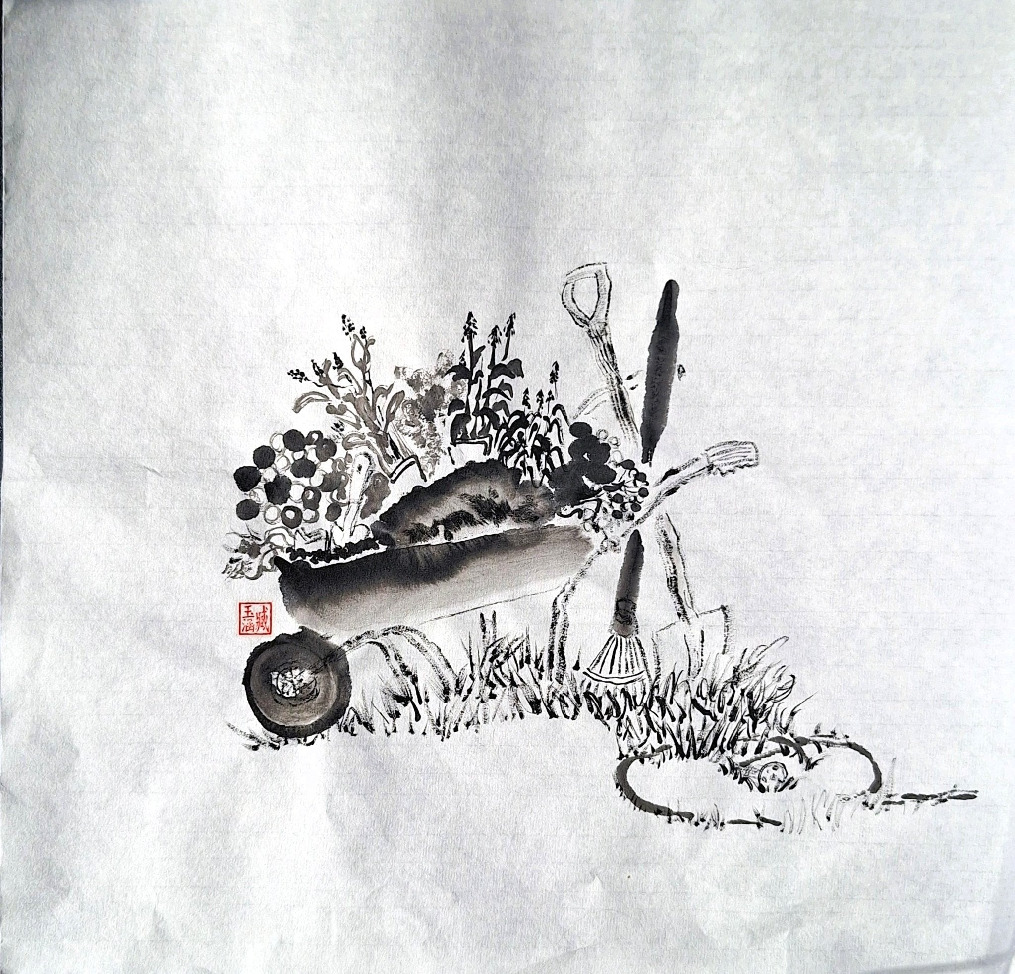 Chinese Ink Painting 'Wheelbarrel' - Origional Art Work - Saw Framed