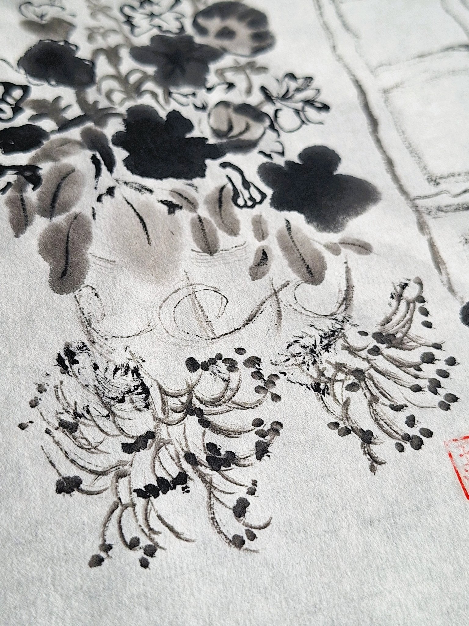 Chinese Ink Painting 'Windowbox' - Origional Art Work - Saw Framed