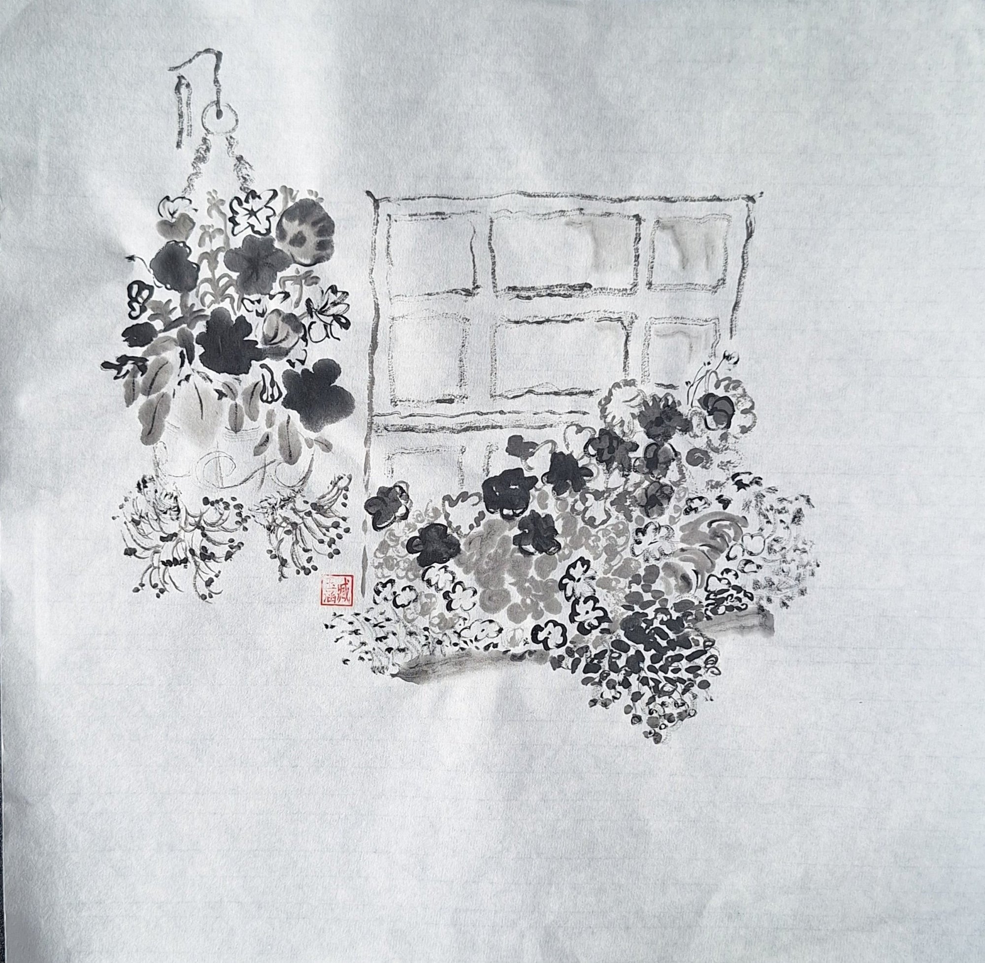 Chinese Ink Painting 'Windowbox' - Origional Art Work - Saw Framed