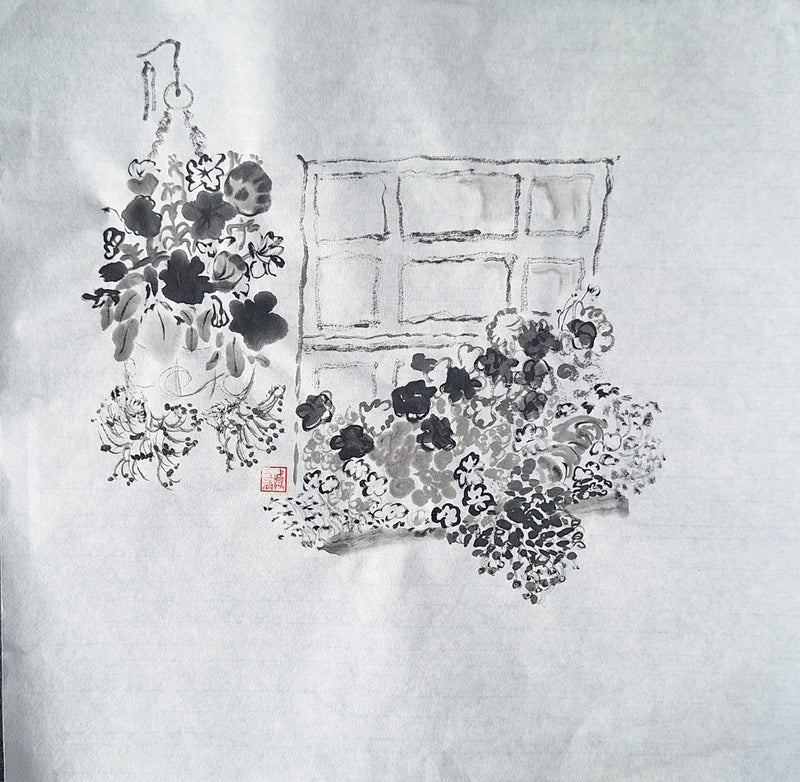 Chinese Ink Painting 'Windowbox' - Origional Art Work - Saw Framed