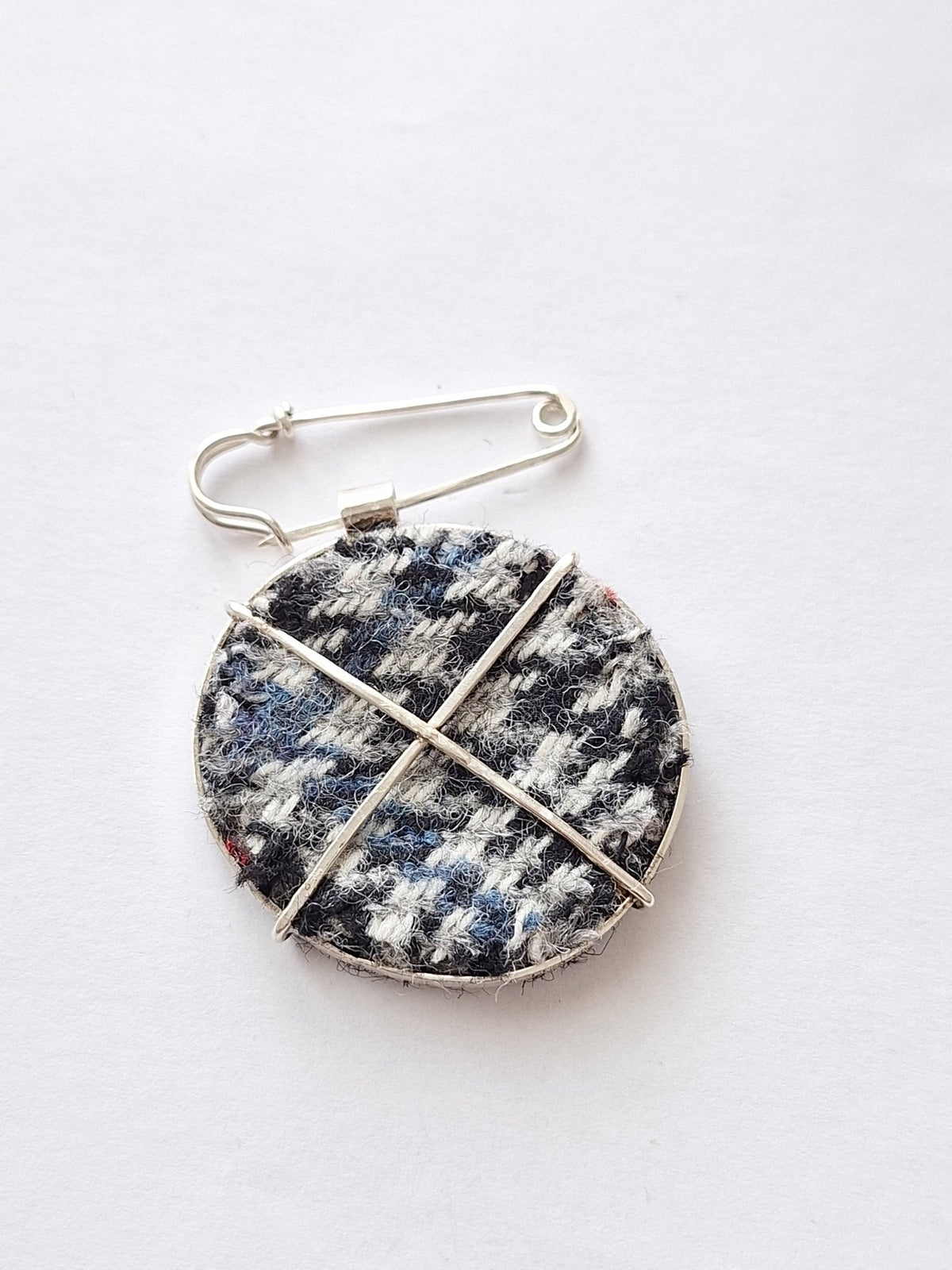 Large Black and White Checker Round Brooch - Irish Tweed Silver - Saw Framed
