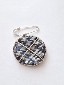 Large Black and White Checker Round Brooch - Irish Tweed Silver - Saw Framed