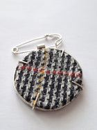 Large Black and White Checker Round Brooch - Irish Tweed Silver - Saw Framed