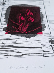 'New Begining' Linoprint with chiné collé - 3 unique work - Saw Framed