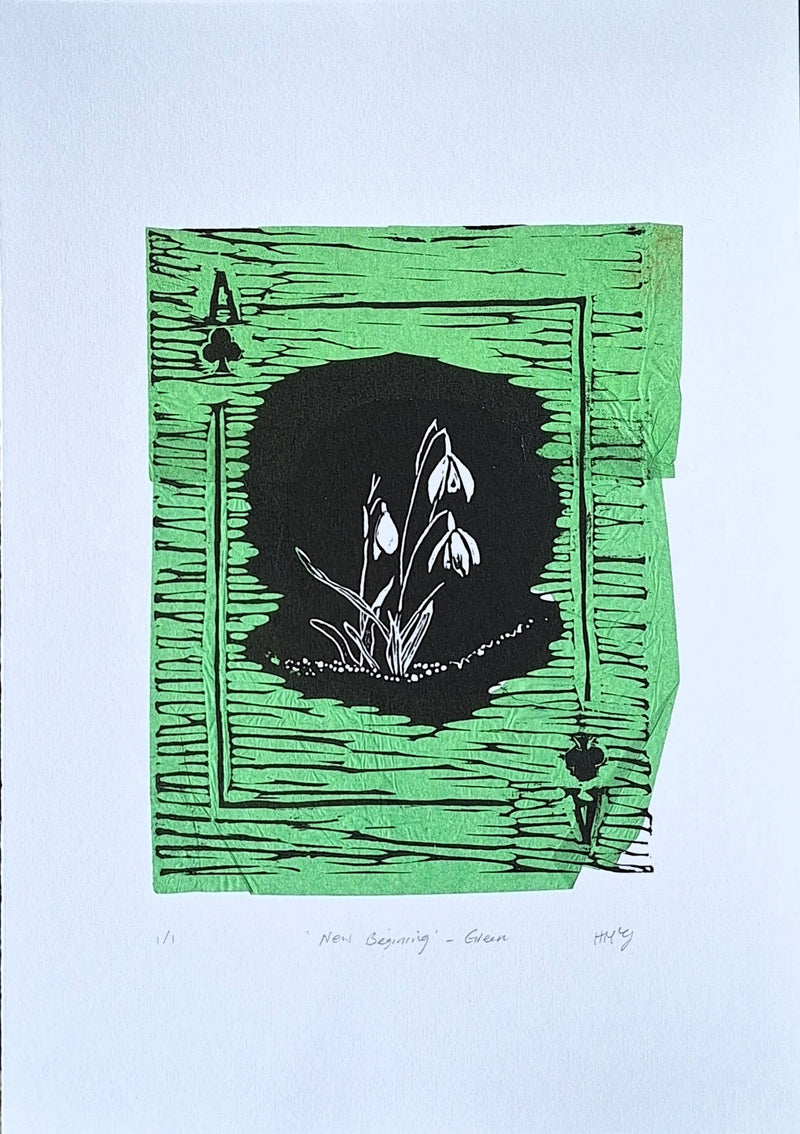 'New Begining' Linoprint with chiné collé - 3 unique work - Saw Framed