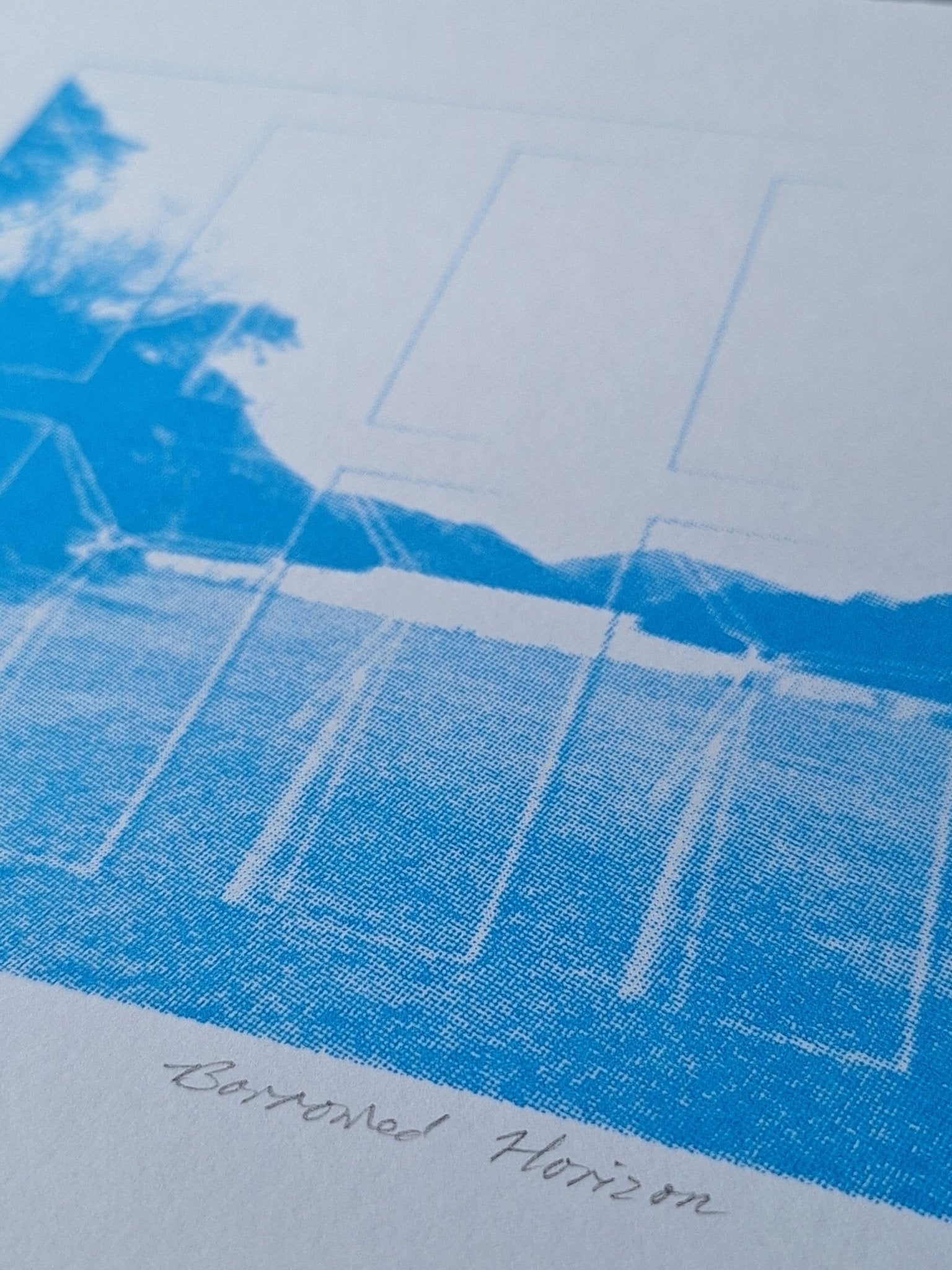 Printer's Proof (of 1) - 'Borrowed Horizon' CMYK Screenrprint (blue) - Saw Framed