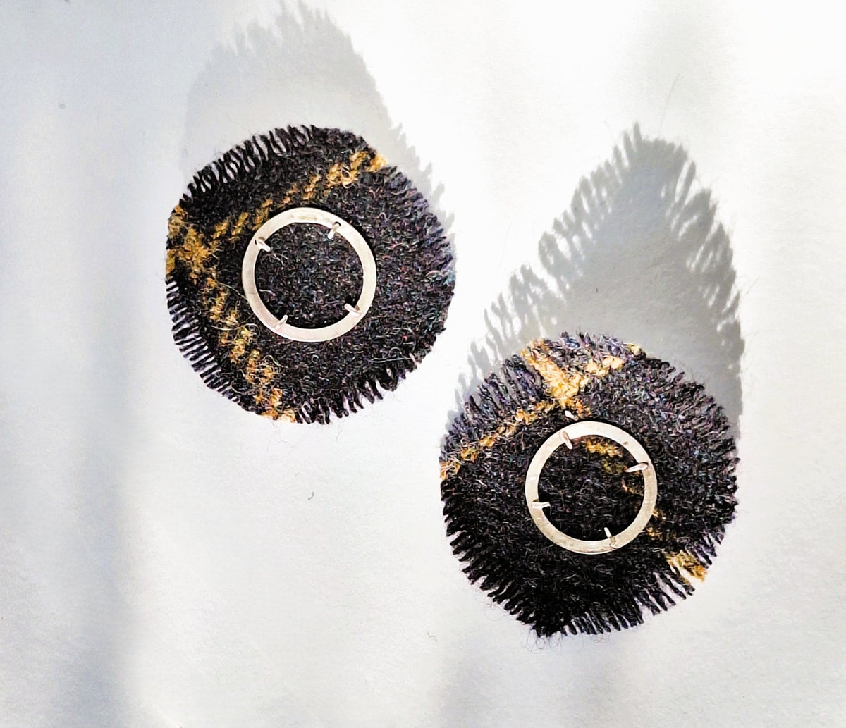 Round Blue/Yellow Earrings - Irish Tweed Silver - Saw Framed