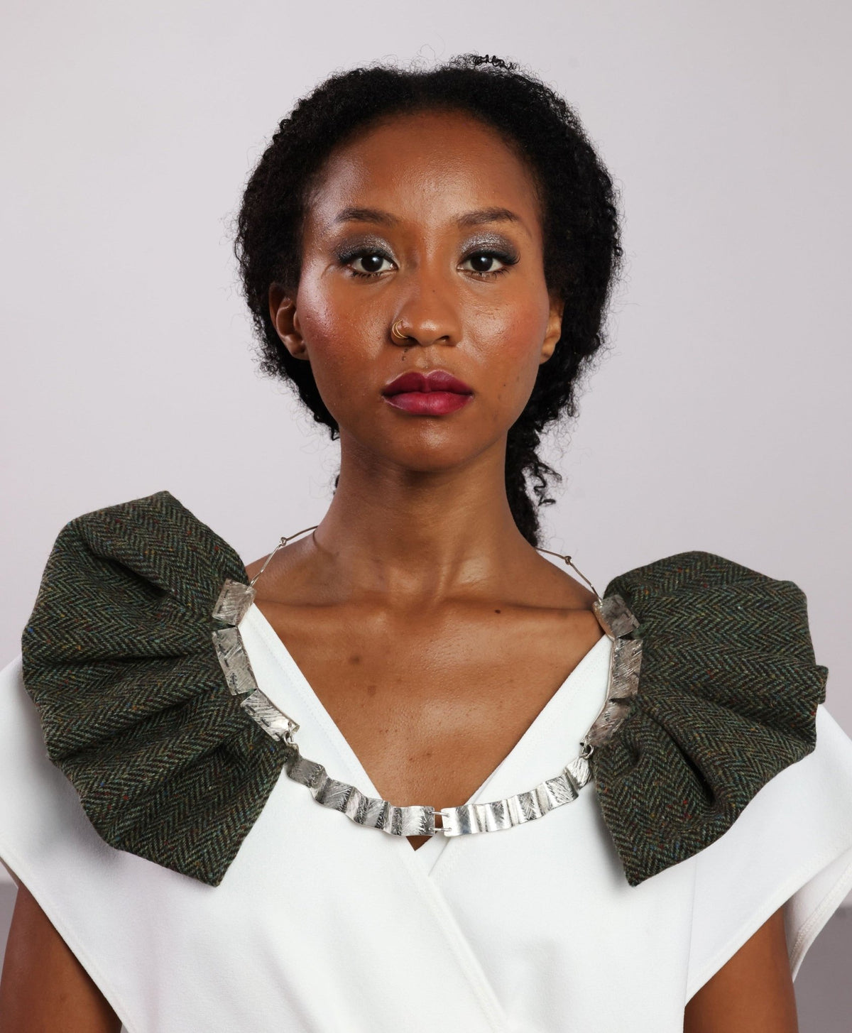 Statement Herrigbone Shoulder Piece / Necklace - Irish Tweed Silver - Saw Framed