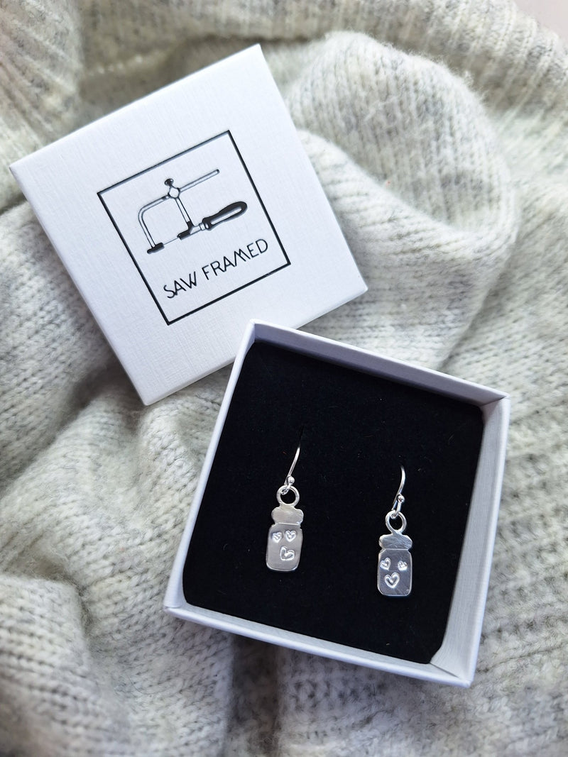 Sterling Silver Jar of Hearts Earrings - Saw Framed