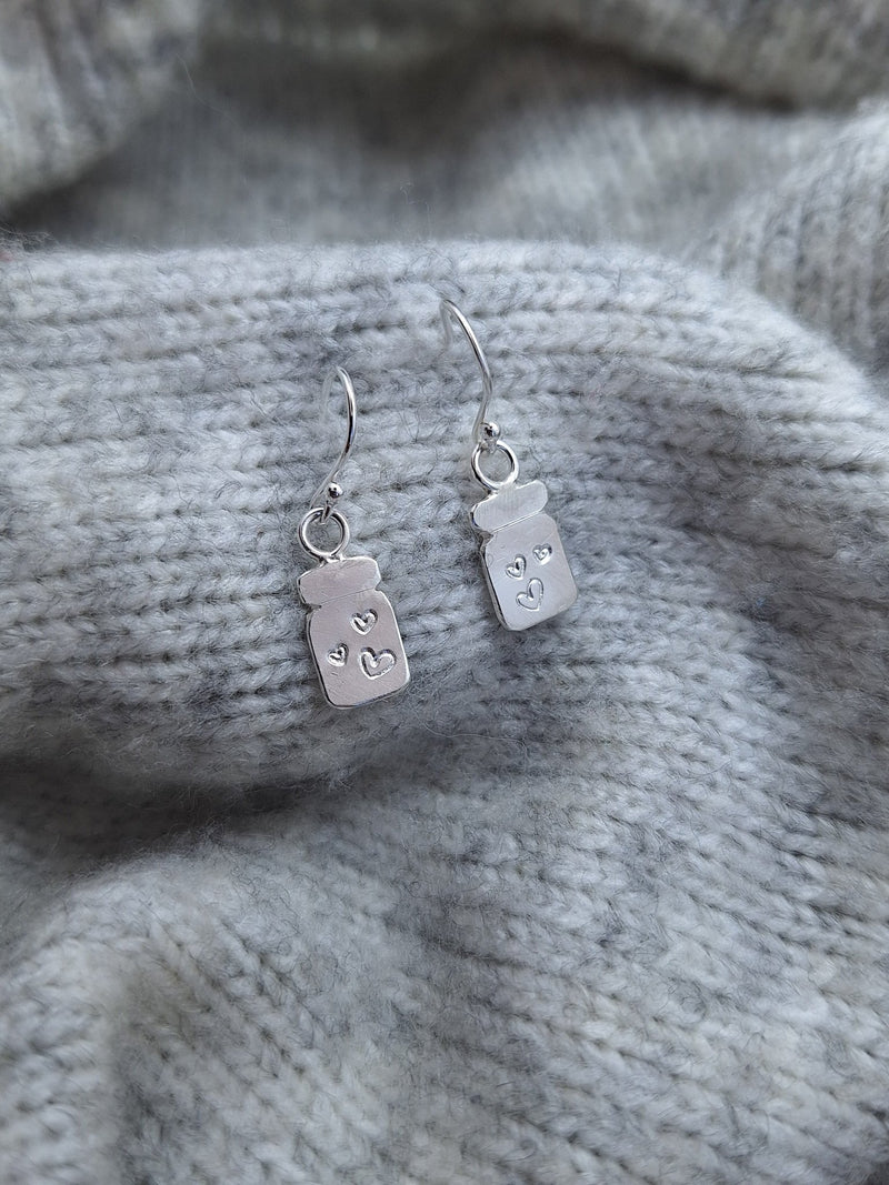 Sterling Silver Jar of Hearts Earrings - Saw Framed