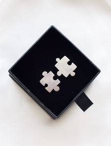 Sterling silver jigsaw puzzle ear studs - Saw Framed