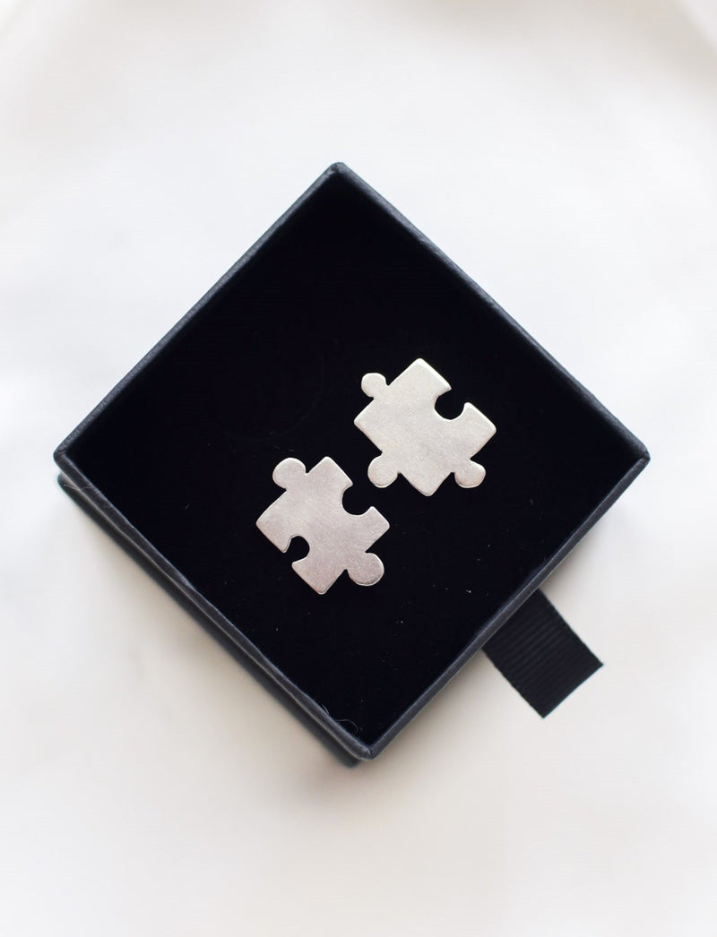 Sterling silver jigsaw puzzle ear studs - Saw Framed