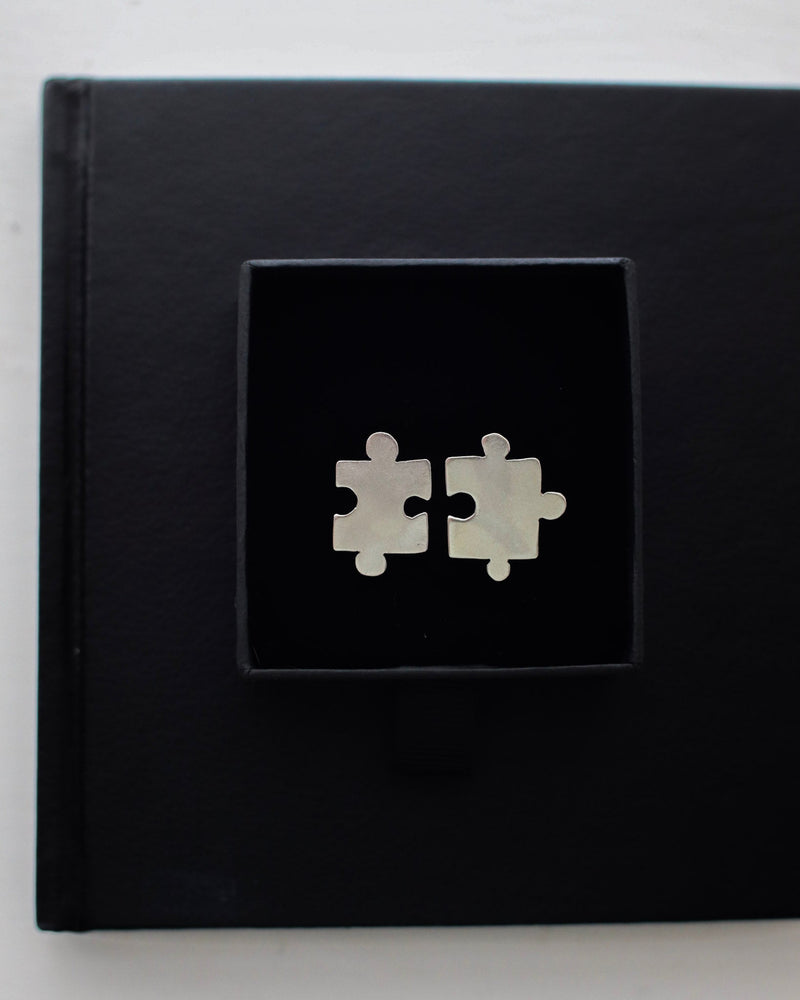 Sterling silver jigsaw puzzle ear studs - Saw Framed