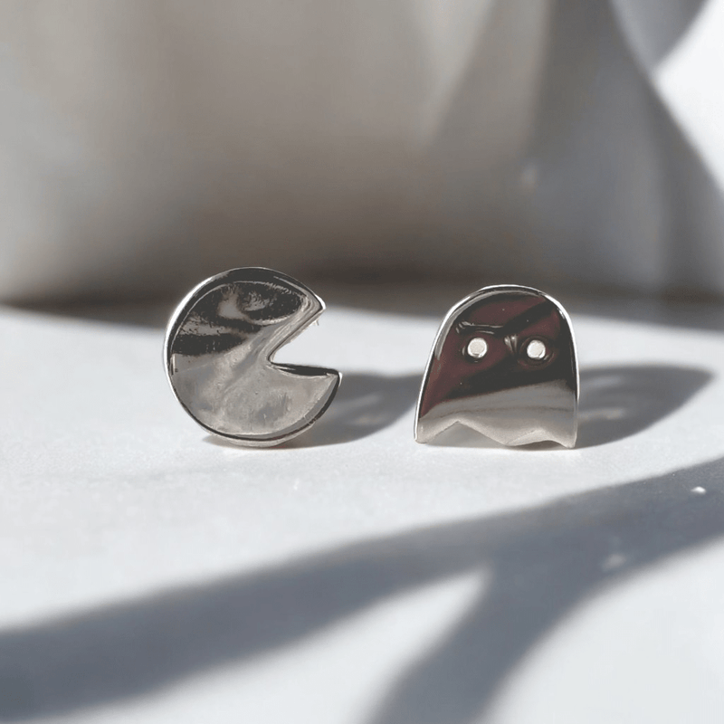 Sterling silver mis-matching Pacman ear studs - Saw Framed