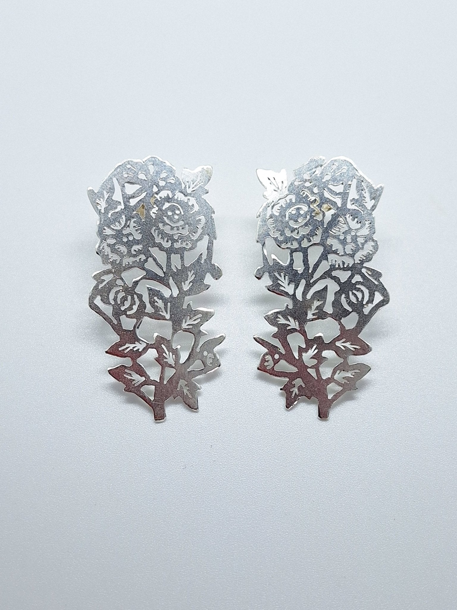Sterling Silver Papercutting Rose Statement Earrings - One Of A Kind - Saw Framed
