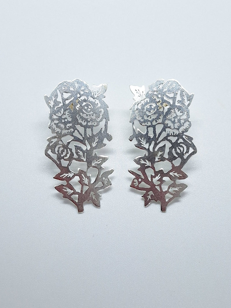 Sterling Silver Papercutting Rose Statement Earrings - One Of A Kind - Saw Framed